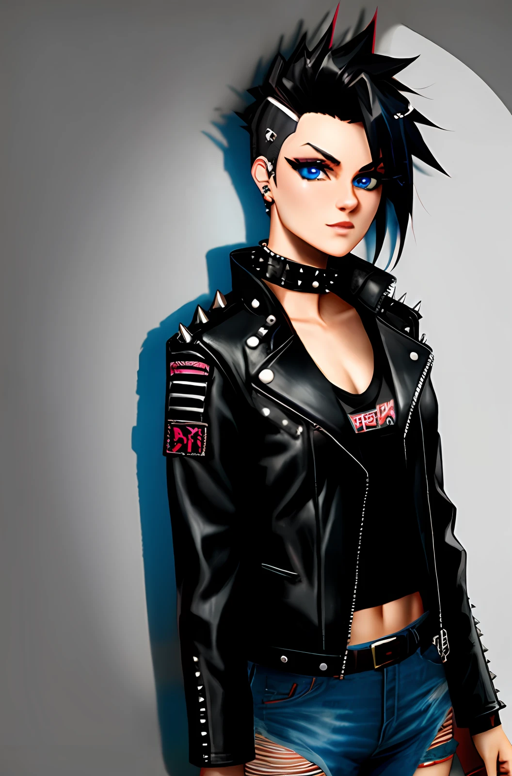a punk anime girl with spiky black hair blue eyes and leather jacket