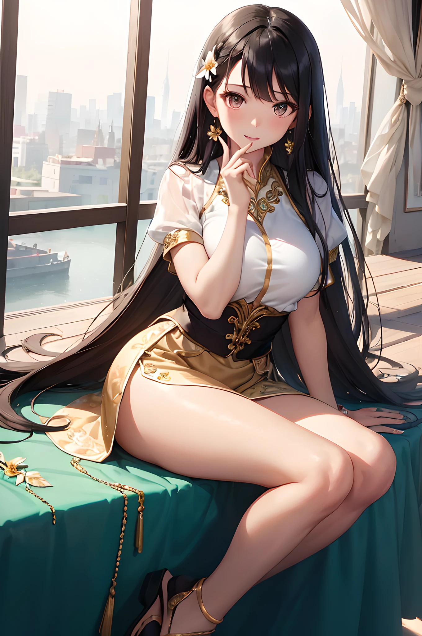 (masterpiece), (portrait), (aesthetic), (beautiful), (upper blody), (high quality), (aesthetic clothings), (professional angle), (rule of thirds), (Feminine), (woman), (female), (beautiful),(feminine features), (25 years), solo, 1 woman, (attractive Thai), Summer, Natural light, (Sitting), Fresh Makeup, (Medium bust), ((holding a Thai Orchid)), (Side face), (Serene expression), ((Relaxing)), Beaded Bracelet, ((Long hair)), (Black hair), (Straight hair), (Silky hair), Glossy shine hair, (Hairpin in hair), (Brown eyes), (Elegant, Natural look), (Golden skin), (Floral clothing), (Flowy Dress), (Sandals), (Skirt), Sweetheart neckline), ((Urban background)), (- in background), (Full Shot shot), beautiful hands, two hands, normal hands, two arms, complete hands, beautiful body, beautiful fingers, normal fingers, five fingers, five fingers, (Thumb index meddle ring little fingers), beautiful ears, normal ears, beautiful eyes, shiny eyes, beautiful mouth, beautiful lips,