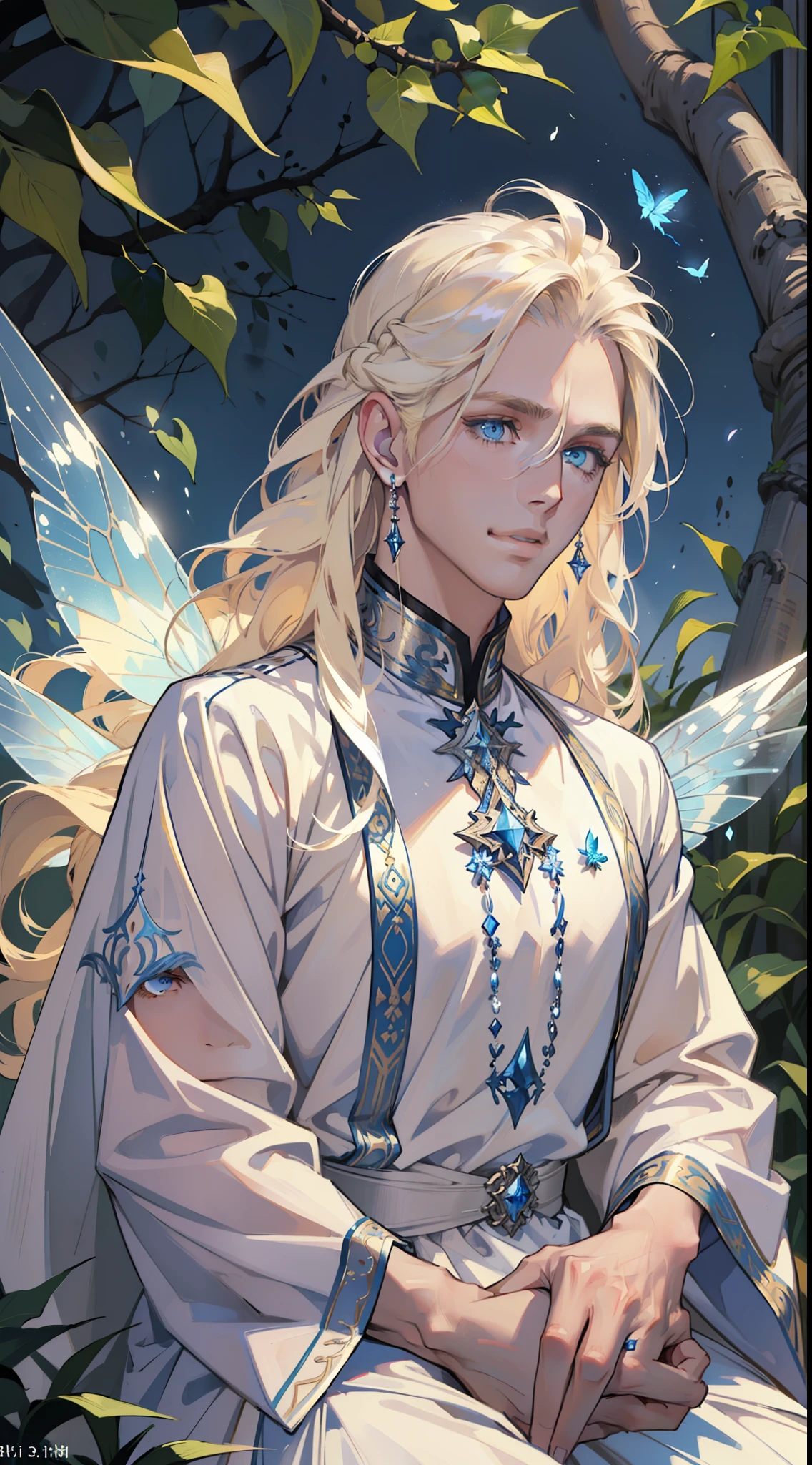 ((Superior quality, portraits, masterpieces, 8K wallpapers: 1.3)), man with long straight ash blond hair (((LONG BLOND HAIR))), blue eyes like diamonds (((BLUE EYES))), (((MALE FOCUS))) (((Fairy white wings on his back))) (((CHEERFUL LOOK))) sitting on a branch of a moeto tree, bioluminescent blue butterflies, dark hour, perfect shadows and reflections of the moon on the scene. white tunic, translucent, covered, clear clothing of God, CLOTHING COVERING HIS SKIN, TULLE TUNIC (((PORTRAIT)))