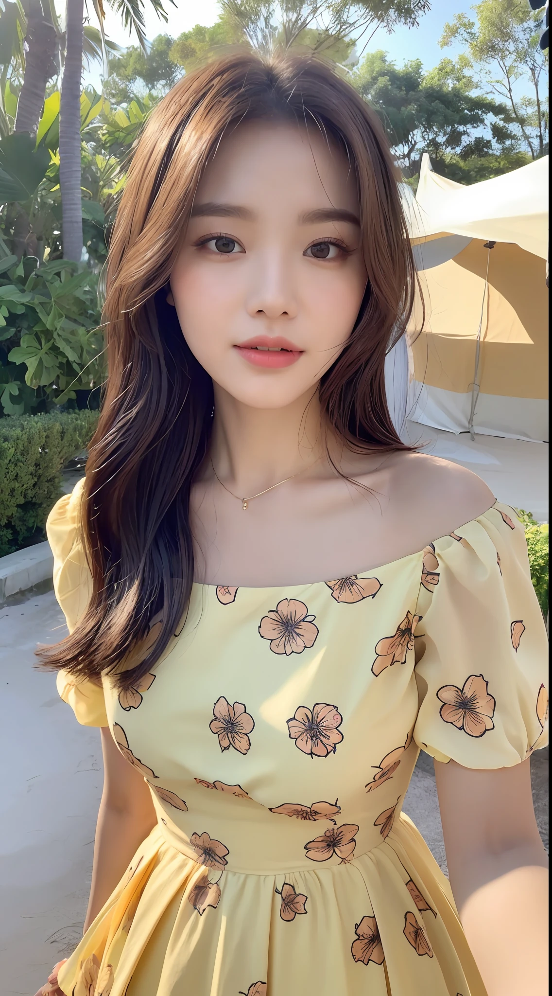 ((Best Quality, 8K, Masterpiece: 1.3)), Focus: 1.2, Perfect Body Beauty: 1.4, Buttocks: 1.2, (Layered Haircut: 1.2)), (Dark Street: 1.3), Highly Detailed Face and Skin Texture, Fine Eyes, Double Eyelids, Whitened Skin, Long Hair, (Round Face: 1.5), (Yellow Fairy Floral Dress: 1.6) Outdoor, Love Island Resort, Beach