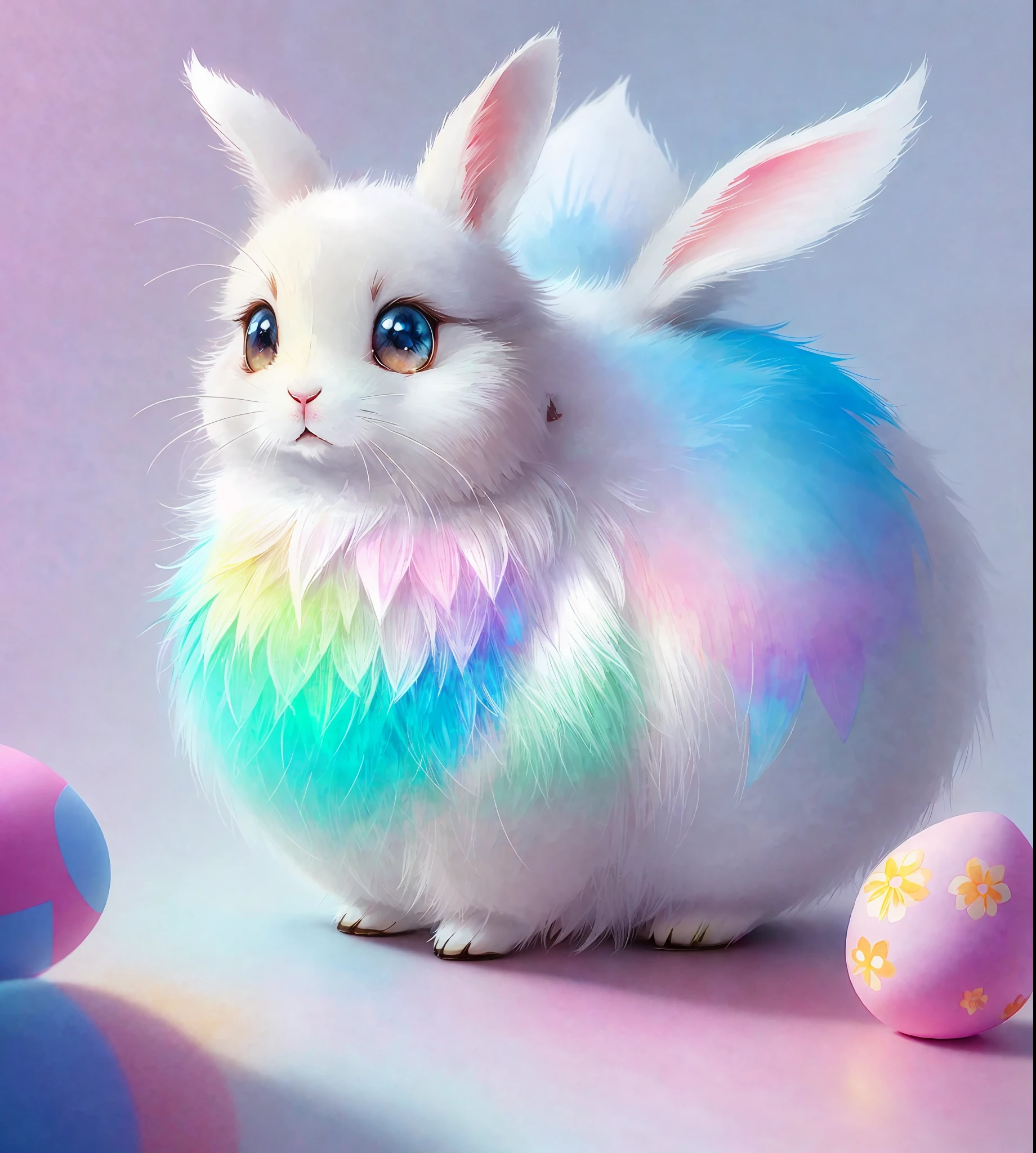 Beautiful animal little bunny with dreamy eyes, volumetric light, hyper realistic, intricate detail, illustration, painting, watercolor, kawaii chibi, eating easter egg, Aww!, Shallow depth of field, pastel color palette, Soft Lighting, Minimalistic, Modern, Digital painting, art by lois van baarle and ross tran and artgerm, Trending on Artstation HQ, highly detailed