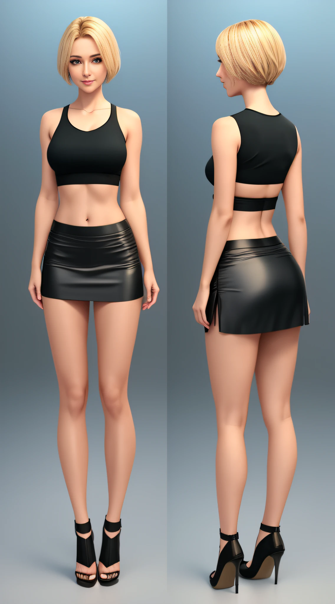 8k, masterpiece, absurd, HDR, highly detailed eyes and face, smile, beautiful nod_woman, short blonde hair, short skirt, tight mesh T-shirt, highlighted by t-shirt, perfect nod_body, perfect nod_face, (same character, front), (full body: 1.6), arms extended down, best quality, super high resolution, (reality: 1.4), 1 woman, looking at the audience, golden ratio, broad shoulders, thin waist, double eyelids, high heels, (Standing with legs apart: 1.3), facing the viewer, full body photo (FLS), single, vanishing point