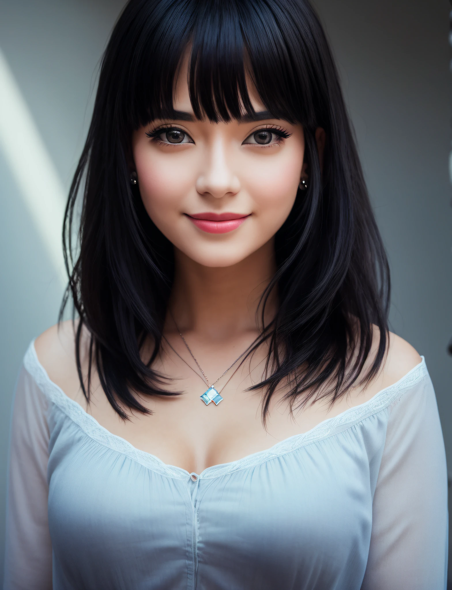 8k, RAW photography, portrait, best quality, ultra high definition, photorealistic, single girl,upscale from face to chest, earrings, necklace,, smile, eyelashes, beautiful breasts, bright daytime outdoors, movie lighting, depth of field, lens flare,