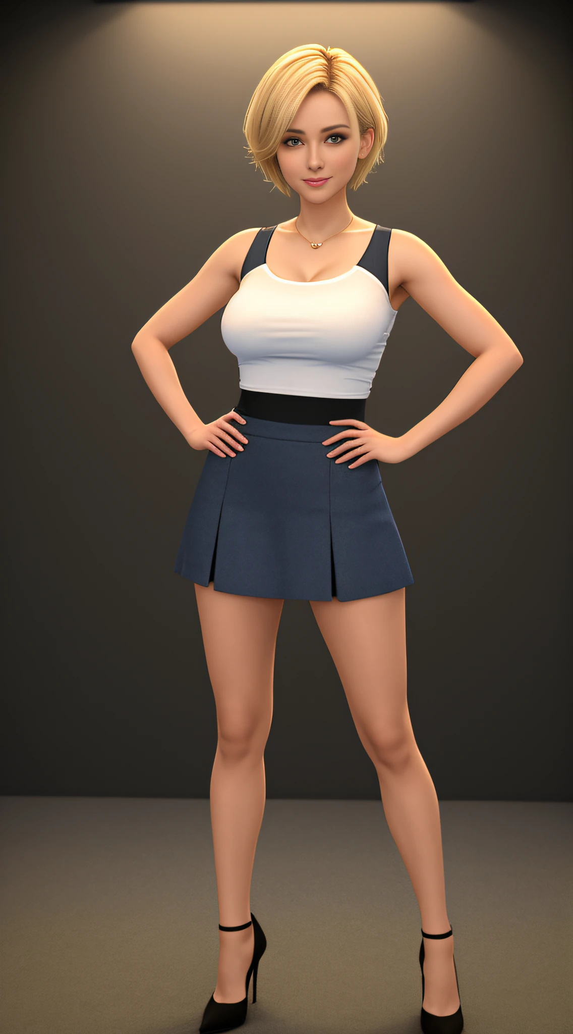 8k, masterpiece, absurd, HDR, highly detailed eyes and face, smile, beautiful nod_woman, short blonde hair, short skirt, tight mesh T-shirt, highlighted by t-shirt, perfect nod_body, perfect nod_face, (same character, front), (full body: 1.6), arms extended down, best quality, super high resolution, (reality: 1.4), 1 woman, looking at the audience, golden ratio, broad shoulders, thin waist, double eyelids, high heels, (Standing with legs apart: 1.3), facing the viewer, full body photo (FLS), single, vanishing point