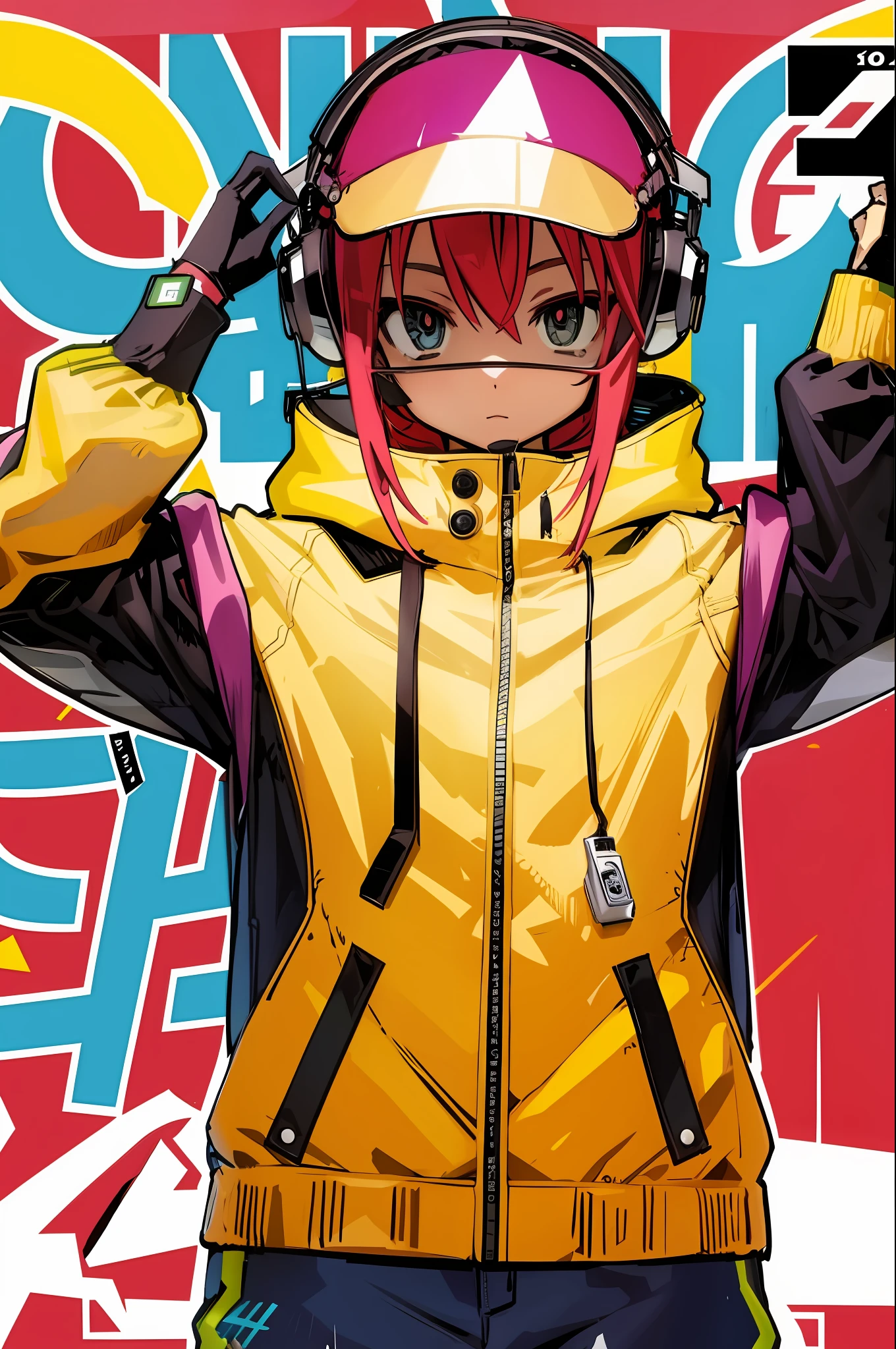 1girl, sfw, hat, shorts, jacket, (Illustration of magazine cover style, a stylish woman in vibrant outfit, BOSE headphones on head, posing in front of colorful and dynamic background.) She looked confident and made a pose. The text on the cover should be bold and eye-catching, with the headline of the magazine and a catchy headline with the headline "BOSE Invites You to See the Movie." The overall style should be modern and trendy, with an emphasis on fashion and lifestyle), wallpaper, crowd, fashion, opposite, female focus, model, cool, punk