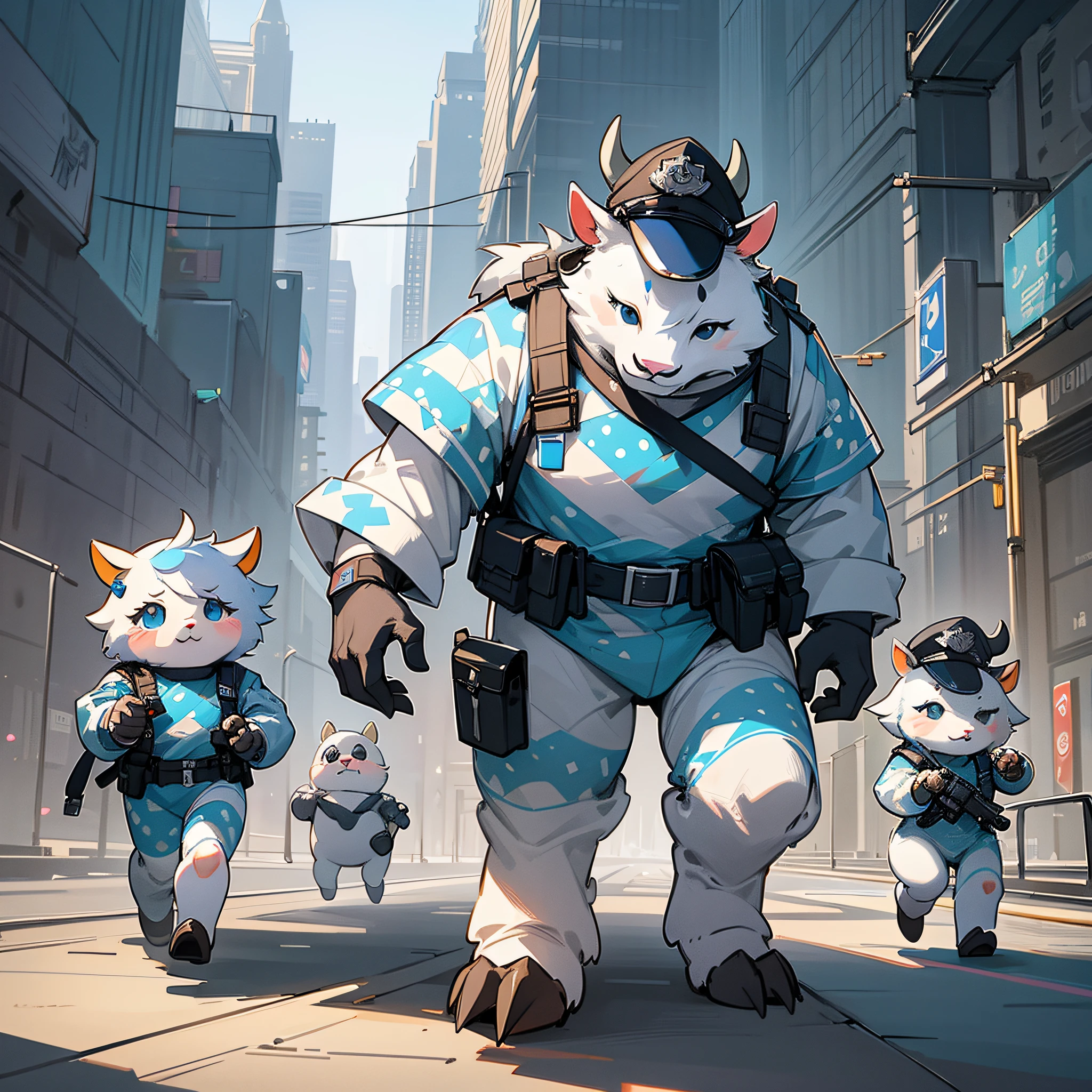 "Imaginative concept art of cute creatures inspired by Lora, with the look of a cow and dressed up as police officers. (CuteCreatures tag weight is 0.9)" --s --auto --s2