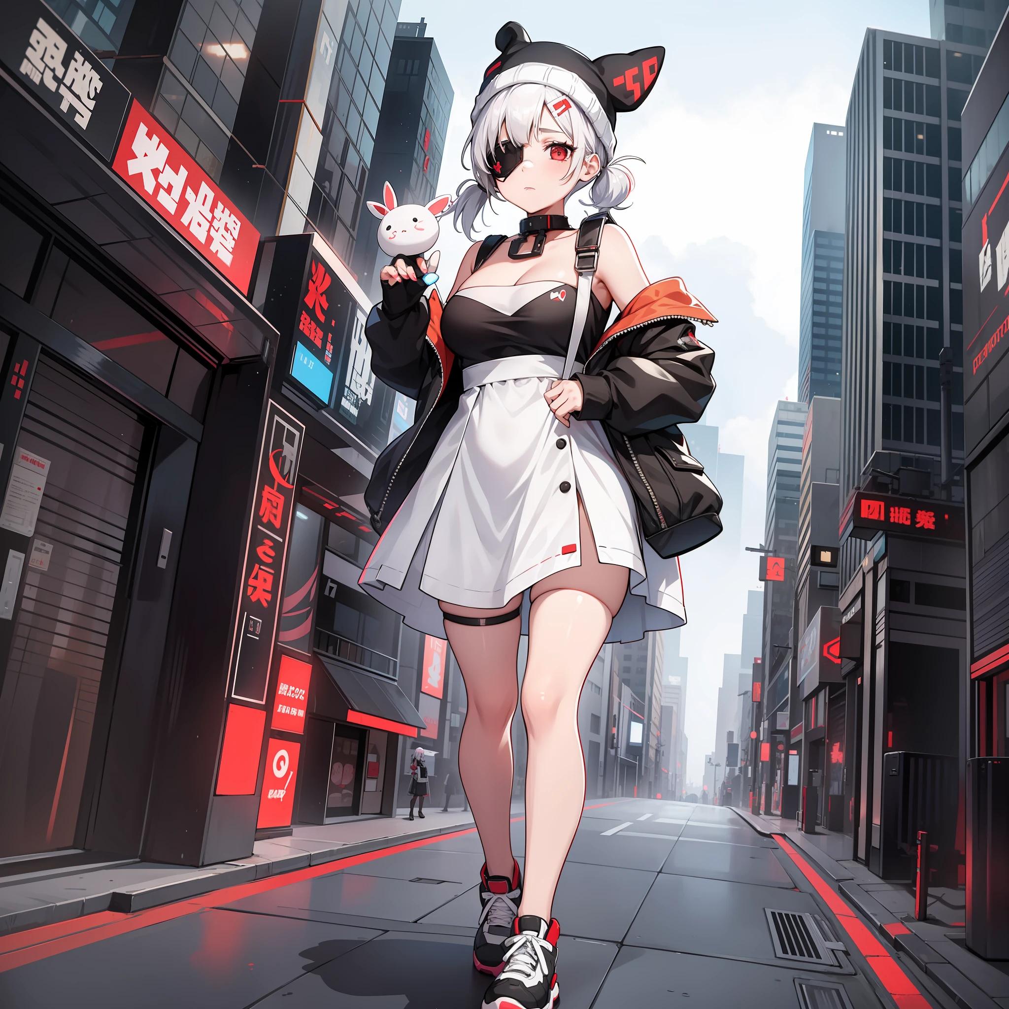 girl, wearing one white eyepatch, short white hair in two pigtails, with bunny ear accessories, Wearing a short white dress with a Beanie, red eyes, Holding a stuffed bunny, full body, zoom out, in the cyberpunk city