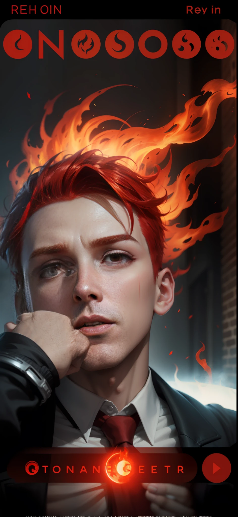 a boy like gangster, red hair,red eye,with fire