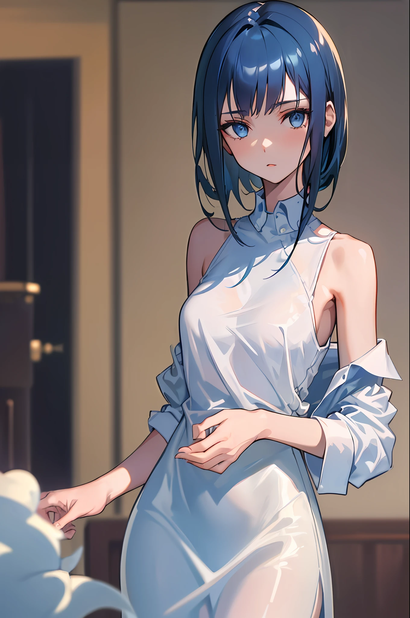 (((1 girl)), ray tracing, (dim lighting), [Detail background (bedroom)), (((dark blue hair)), ((Dark blue hair), (Fluffy dark blue hair, slender girl))) Short hair))) Avoid golden eyes in a sinister bedroom ((The girl is wearing a naked oversized shirt with protruding shoulders and pulling her shirt), Shows a delicate slim figure and graceful curves, medium breasts