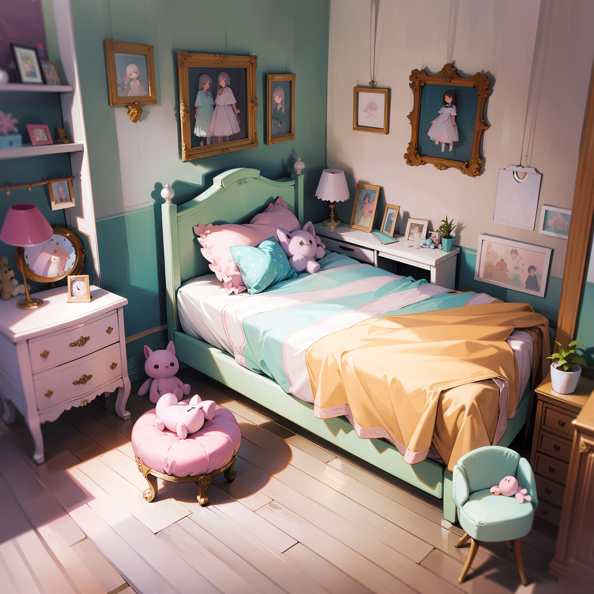 girl's room, curtain, bed, wall clock, pastel colors, stuffed animals, houseplants, dressing table, photo frame