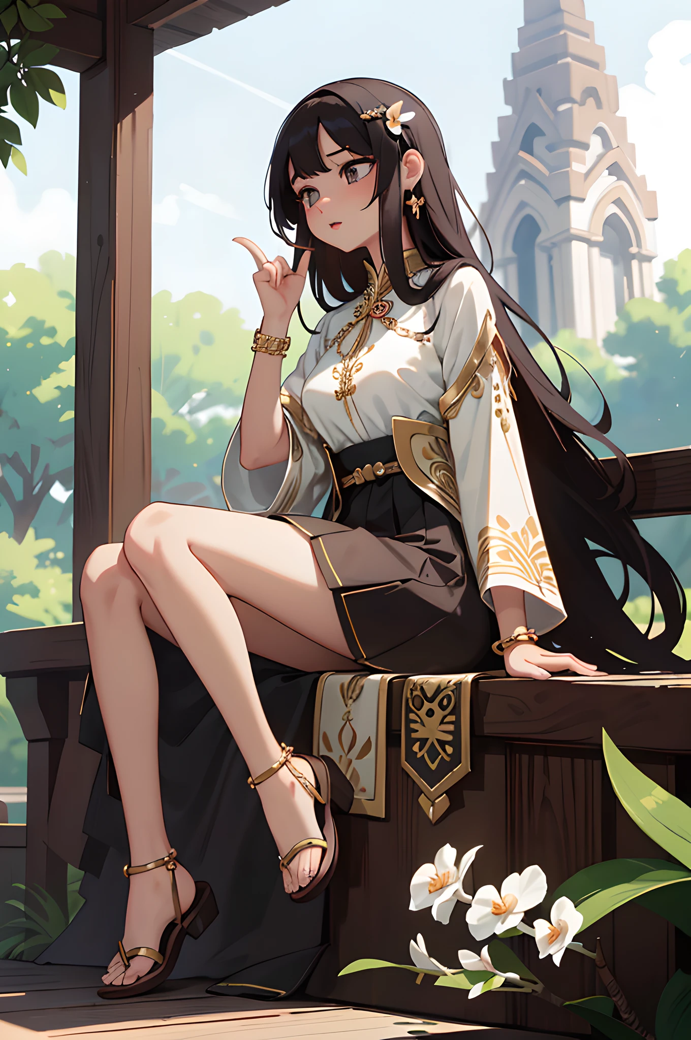 (masterpiece), (portrait), (aesthetic), (beautiful), (upper blody), (high quality), (aesthetic clothings), (professional angle), (rule of thirds), (Feminine), (woman), (female), (beautiful),(feminine features), (25 years), solo, 1 woman, (attractive Thai), Summer, Natural light, (Sitting), Fresh Makeup, (Medium bust), ((holding a Thai Orchid)), (Side face), (Serene expression), ((Relaxing)), Beaded Bracelet, ((Long hair)), (Black hair), (Straight hair), (Silky hair), Glossy shine hair, (Hairpin in hair), (Brown eyes), (Elegant, Natural look), (Golden skin), (Floral clothing), (Flowy Dress), (Sandals), (Skirt), Sweetheart neckline), ((Urban background)), (- in background), (Full Shot shot), beautiful hands, two hands, normal hands, two arms, complete hands, beautiful body, beautiful fingers, normal fingers, five fingers, five fingers, (Thumb index meddle ring little fingers), beautiful ears, normal ears, beautiful eyes, shiny eyes, beautiful mouth, beautiful lips,