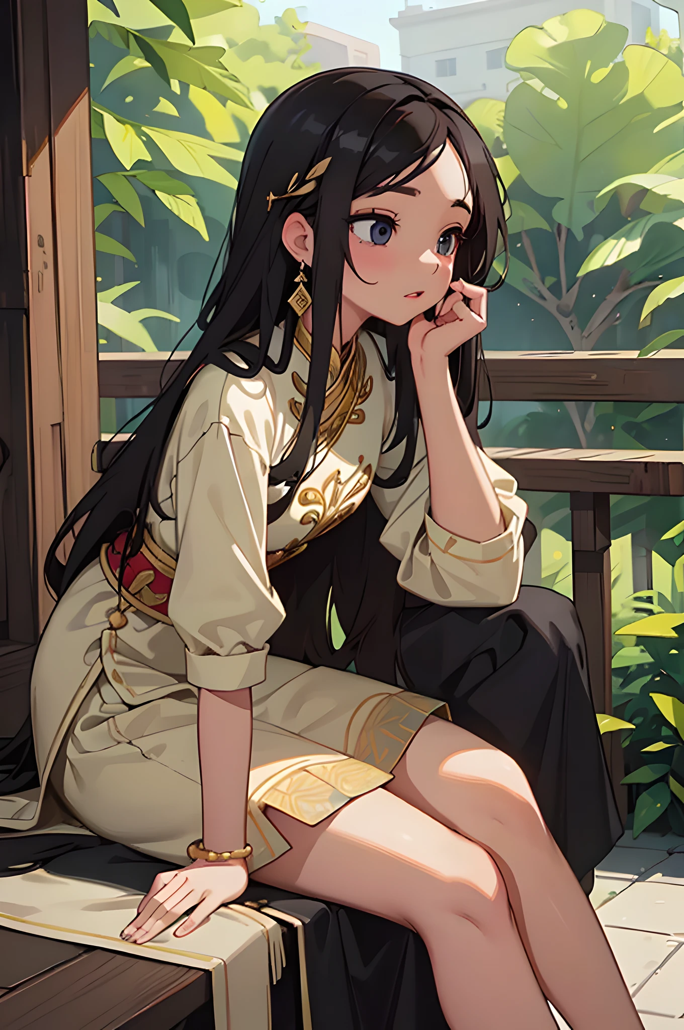 (masterpiece), (portrait), (aesthetic), (beautiful), (upper blody), (high quality), (aesthetic clothings), (professional angle), (rule of thirds), (Feminine), (woman), (female), (beautiful),(feminine features), (25 years), solo, 1 woman, (attractive Thai), Summer, Natural light, (Sitting), Fresh Makeup, (Medium bust), ((holding a Thai Orchid)), (Side face), (Serene expression), ((Relaxing)), Beaded Bracelet, ((Long hair)), (Black hair), (Straight hair), (Silky hair), Glossy shine hair, (Hairpin in hair), (Brown eyes), (Elegant, Natural look), (Golden skin), (Floral clothing), (Flowy Dress), (Sandals), (Skirt), Sweetheart neckline), ((Urban background)), (- in background), (Full Shot shot), beautiful hands, two hands, normal hands, two arms, complete hands, beautiful body, beautiful fingers, normal fingers, five fingers, five fingers, (Thumb index meddle ring little fingers), beautiful ears, normal ears, beautiful eyes, shiny eyes, beautiful mouth, beautiful lips,