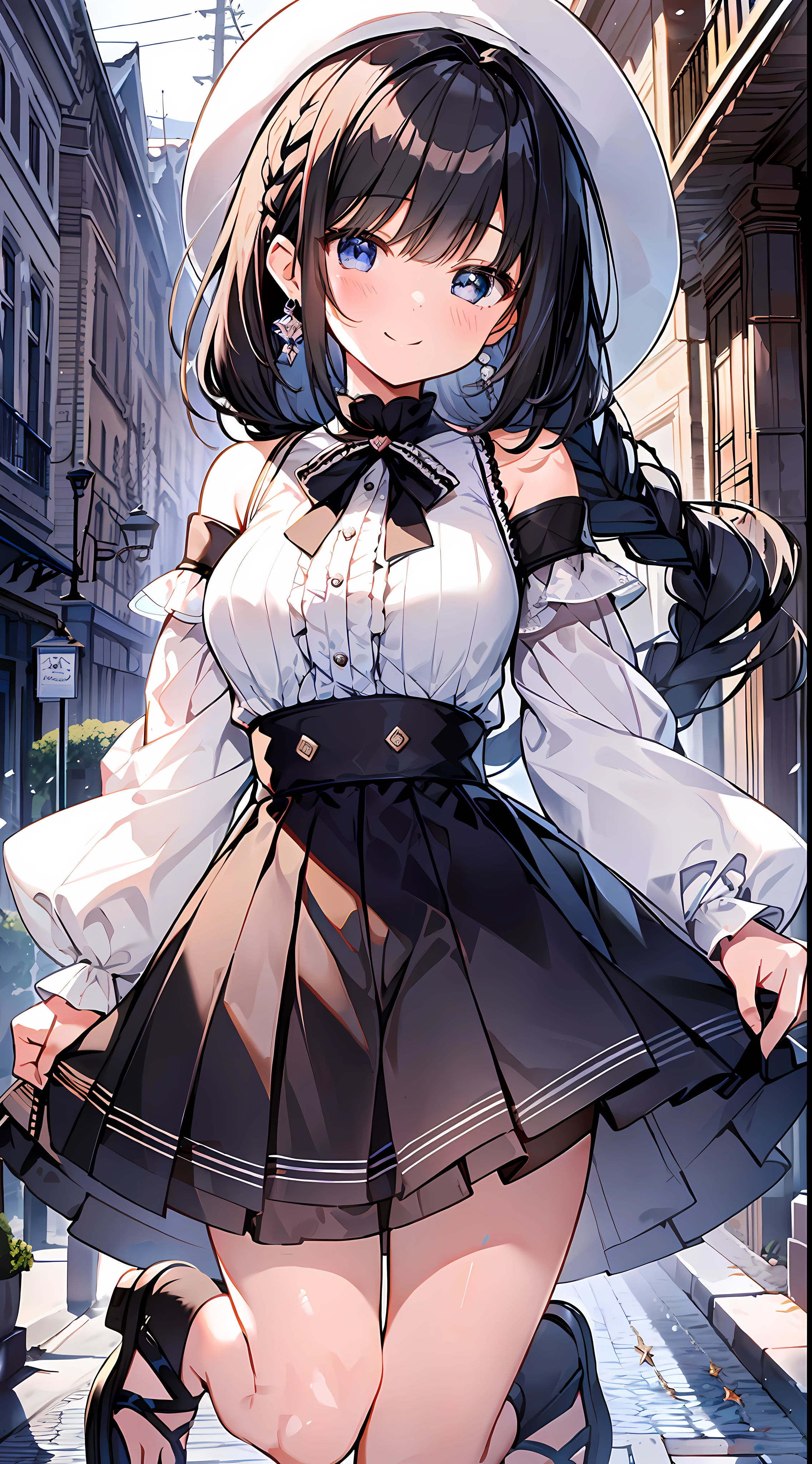 (Incredibly Absurdres Absolutely Resolution: 1.5), Top Quality, Masterpiece, Ultra High Definition, 8K, Early Summer, (Blouse with Lace, Pleated Skirt, Sandals, Hat), Shojo Manga Style, Loli, Soft Line Art, Digital Enhancement, Shoujo Manga Touch, Shojo Manga Core, (Hair length to shoulder))), (( (short braid))), soft drawing, fluffy, soft, beautiful black hair, clear eyes, (((gentle smile)), ultra-detailed digital anime art, clear face depiction, ultra-detailed shojo manga character art, clear facial features, manga style, top quality color, delicate, staring at us head-on, hand gestures, angle where the whole body can be seen, angle that can see up to the feet, In town, entangle, beautiful and aesthetic: 1.3, High quality: 1.3