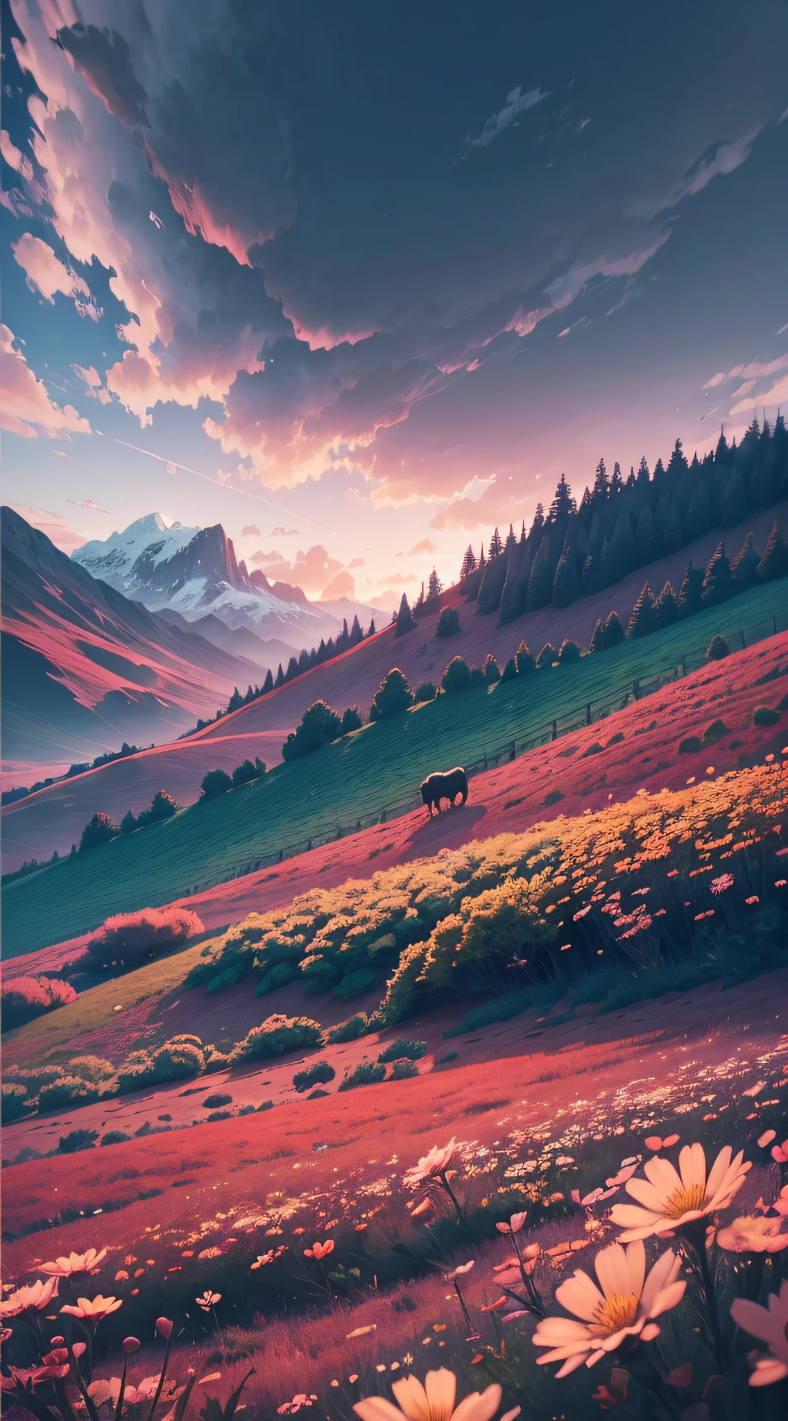 Evening, meadows, a few small flowers, red lakes, sheep, hell, large clouds, blue sky, hot weather, HD detail, hyper-detail, cinematic, surrealism, soft light, deep field focus bokeh, distant vistas are snowy mountains, ray tracing, and surrealism. , evening, red light --auto --v6 --s2
