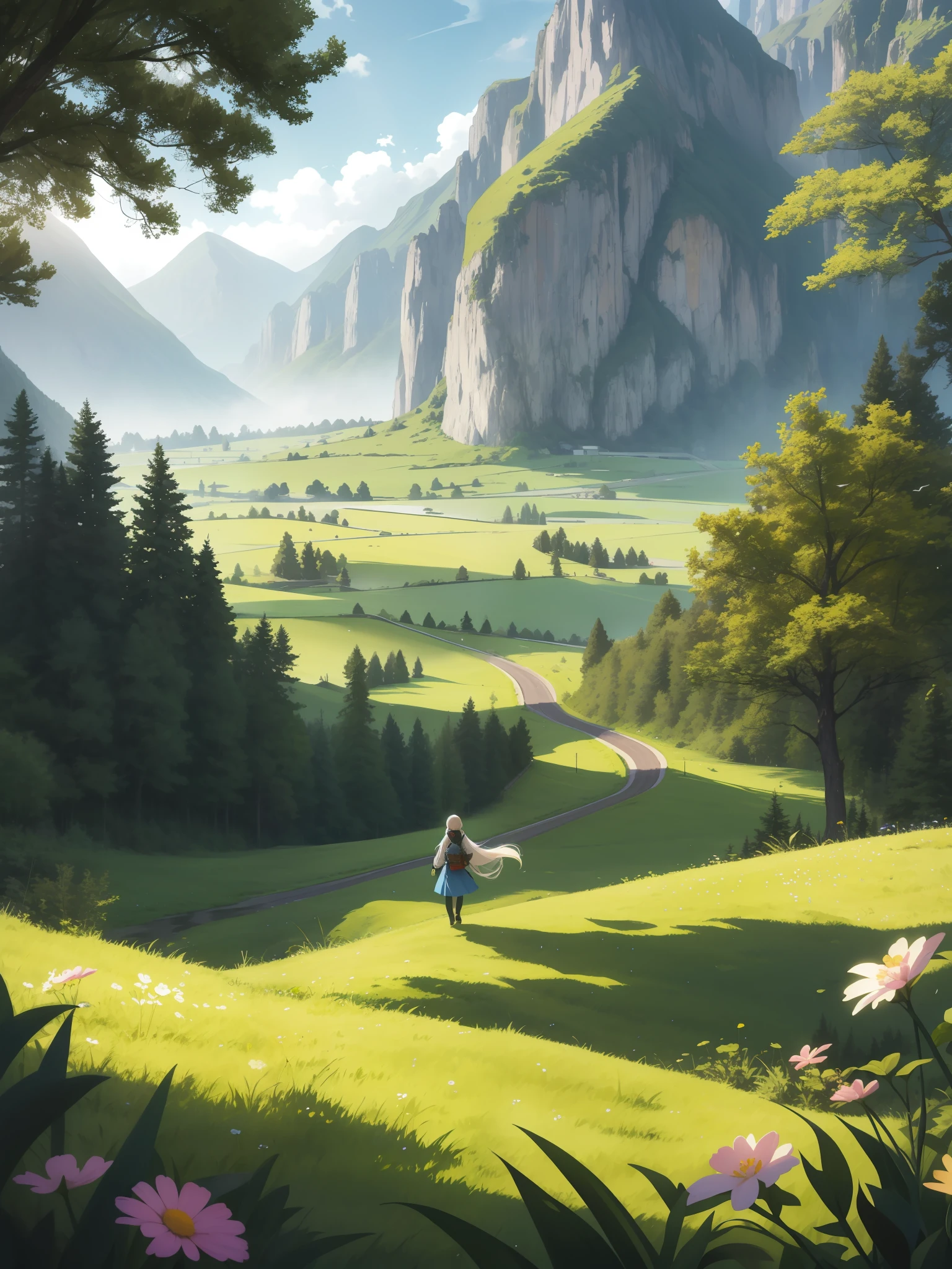 In a green meadow stands a girl leading a group of knights.
BREAK
With a brave expression, she guides them towards their destination.
BREAK
Behind her, a green forest stretches out and beyond that, mountains rise in the distance.
BREAK
The most suitable effect for this scene would be a watercolor painting technique to capture the softness of the meadow and the fluidity of the movement.