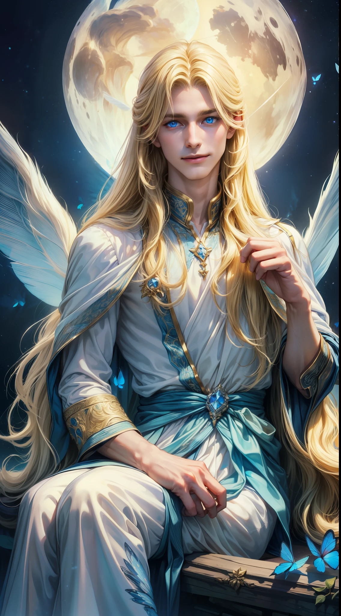 ((Superior quality, portraits, masterpieces, 8K wallpapers: 1.3)), man with long straight ash blond hair (((LONG BLOND HAIR))), blue eyes like diamonds (((BLUE EYES))), (((MALE FOCUS))) (((Fairy white wings on his back))) (((CHEERFUL LOOK))) sitting on a branch of a moeto tree, bioluminescent blue butterflies, dark hour, perfect shadows and reflections of the moon on the scene. white tunic, translucent, covered, clear clothing of God, CLOTHING COVERING HIS SKIN, TULLE TUNIC (((PORTRAIT)))
