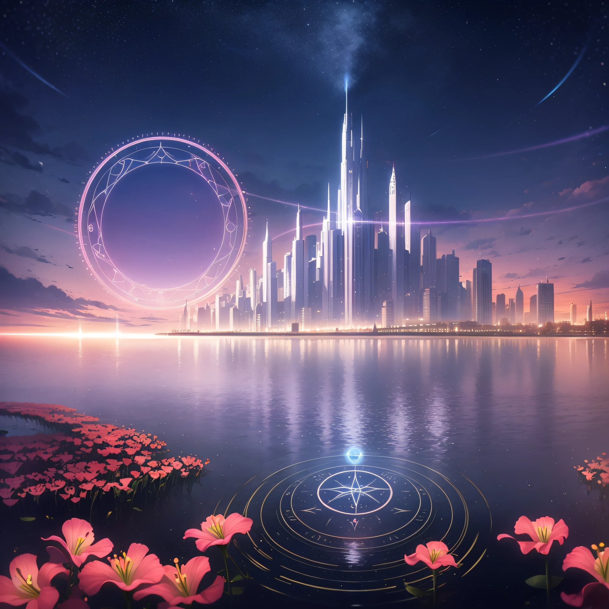 from below:0.7, flower lilies foreground, (distant massive city) drowning in holiness and holy lights, ((distant night)), (Onibi), (life drain sky), (holy magic circle), translucent energy, (life stream), fisheye:0.2, first-person view, wide shot,