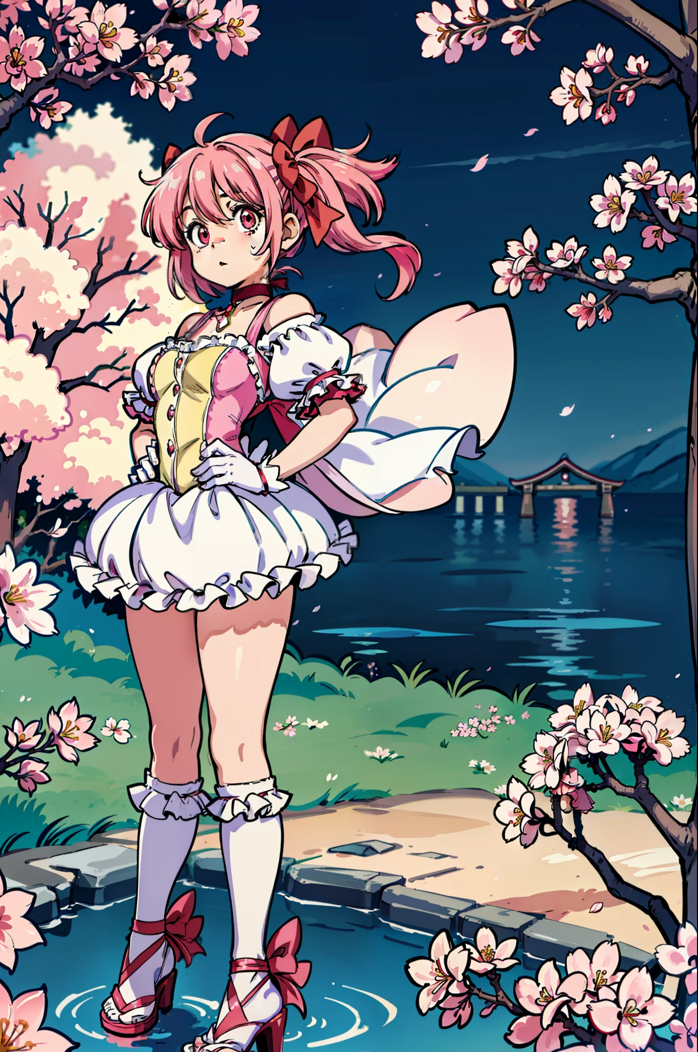 masterpiece, best quality,1girl,pink hair ,red bow,pink eyes, kaname madoka,twintails,gloves, magical girl, choker,  short dress, sunshine, windy, cherry blossoms, cherry blossom garden, hand on hip, bare neck