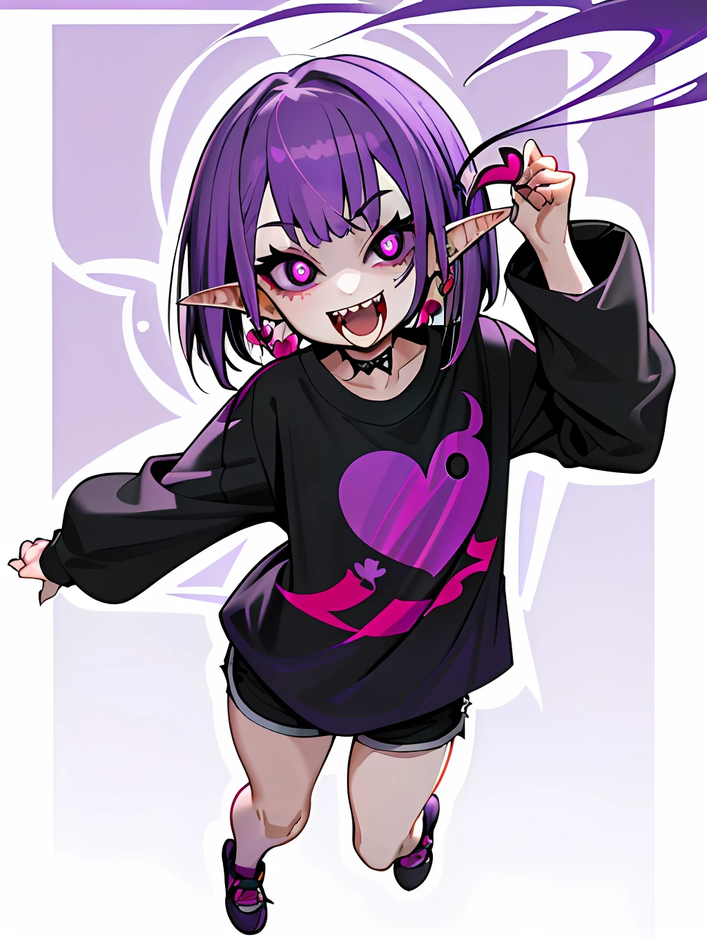 ((masterpiece,best quality)),1girl, , solo,elf ears, heart shaped earrings, heart shaped pupils, short hair, ((purple hair)), a pink streak on the bangs, ((a gap between the teeth)), Long black t shirt, long sleeves, shorts with chain, full body,((fangs))