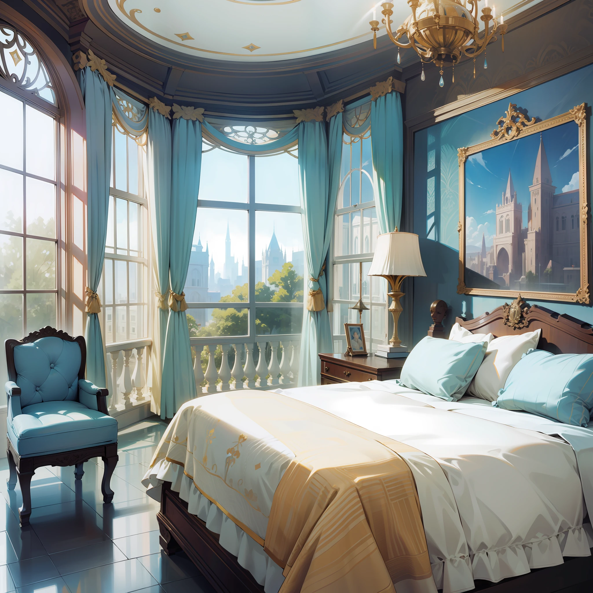 Modern style bedroom architectural digest photo, surreal surrealism, award-winning masterpiece with incredible details, large window curtains