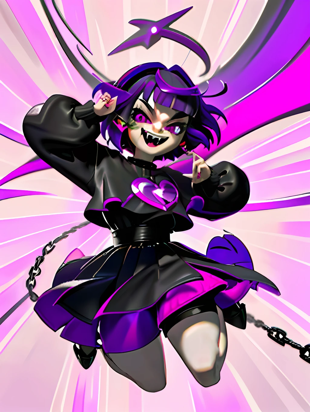 ((masterpiece,best quality)),1girl, loli, solo,elf ears, heart shaped earrings, heart shaped pupils, short hair, ((purple hair)), a pink streak on the bangs, ((a gap between the teeth)), Long black t shirt, long sleeves, shorts with chain, full body,((fangs))