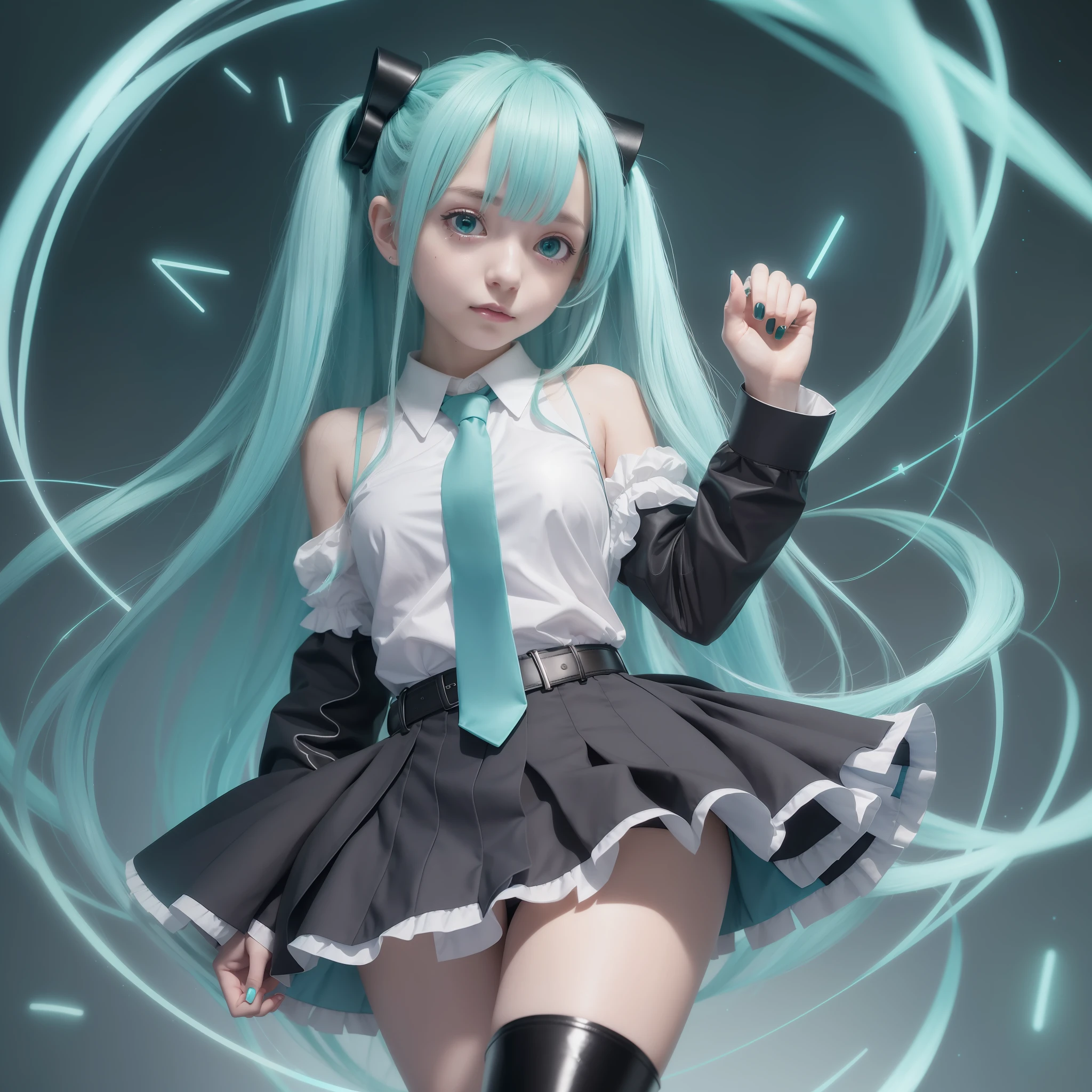 female hands, young girl, short skirt, light blue hair, bangs, twintails, long hair, green eyes, surprise, black skirt, dark grey blouse, green tie, hatsune miku, dilated pupils, latex boots, cinematic lighting, smile, closed mouth, green details on clothing, artwork, best quality, tattoo on arm --auto --s2