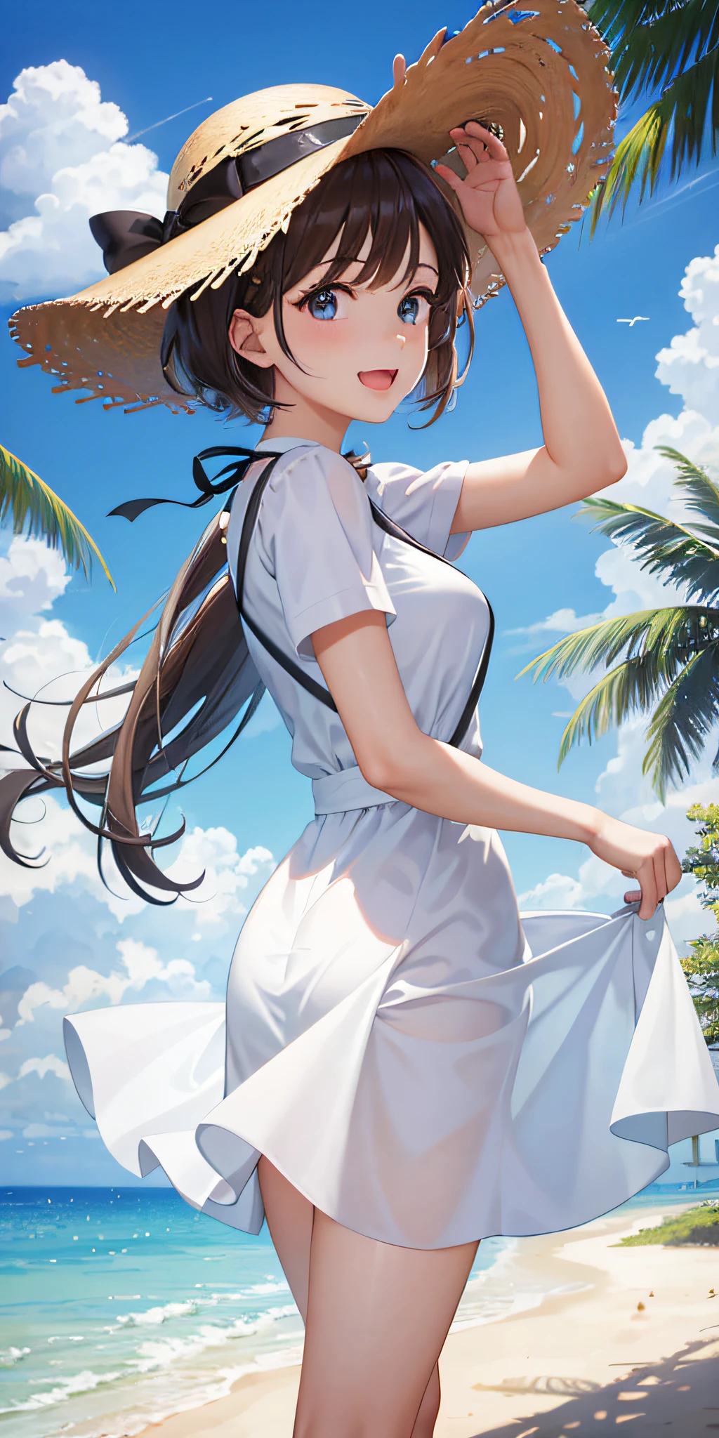 best quality, masterpiece,
BREAK,
(1 girl, solo:1.5),brown short hair, blue eyes, happy, laugh,
BREAK,
summer, blue sky,
BREAK,
straw hat, white dress,