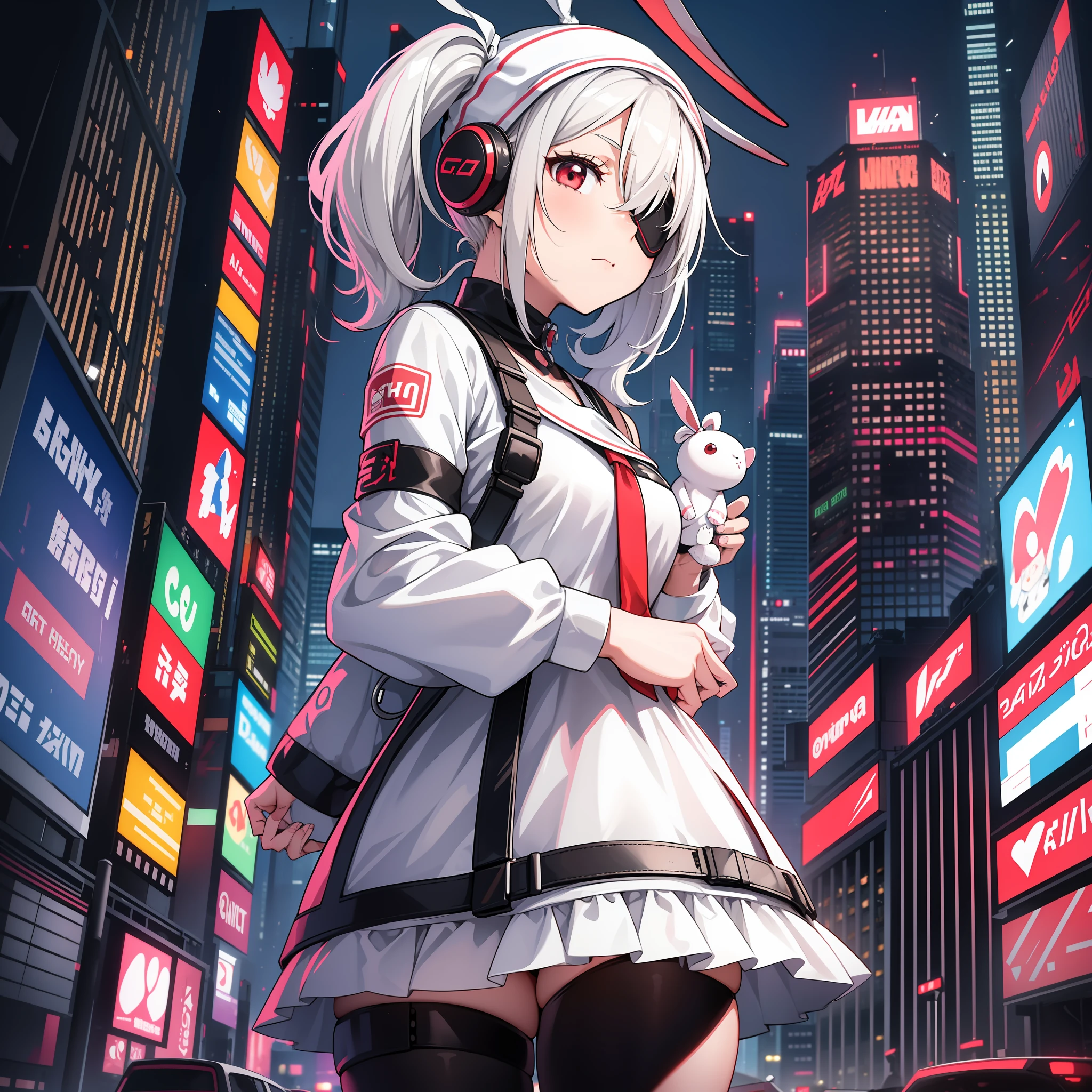 girl, wearing one white eyepatch, short white hair in two pigtails, with bunny ear accessories, Wearing a short white House dress with a Beanie, red eyes, Holding a stuffed bunny, full body, zoom out, in the cyberpunk city