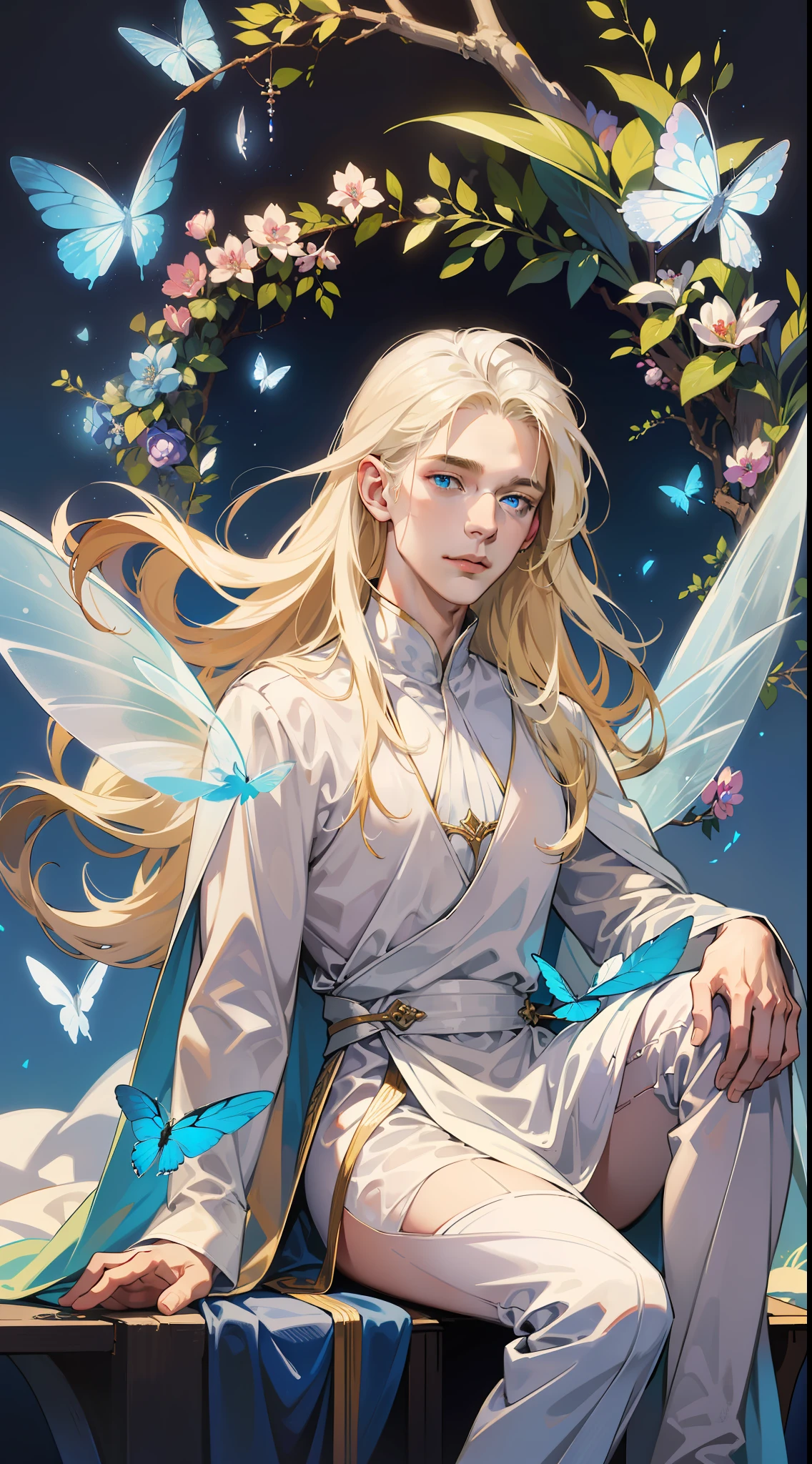 ((Superior quality, portraits, masterpieces, 8K wallpapers: 1.3)), man with long straight ash blond hair (((LONG BLOND HAIR))), blue eyes like diamonds (((BLUE EYES))), (((MALE FOCUS))) (((Fairy white wings on his back))) (((CHEERFUL LOOK))) sitting on a branch of a moeto tree, bioluminescent blue butterflies, dark hour, perfect shadows and reflections of the moon on the scene. white tunic, translucent, covered, clear clothing of God, CLOTHING COVERING HIS SKIN, TULLE TUNIC (((PORTRAIT)))