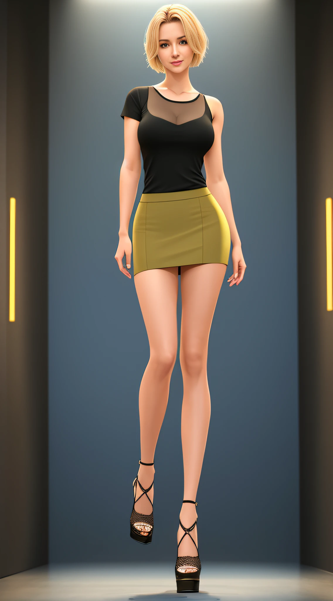 8k, masterpiece, absurd, HDR, highly detailed eyes and face, smile, beautiful nod_woman, short blonde hair, short skirt, tight mesh T-shirt, highlighted by t-shirt, perfect nod_body, perfect nod_face, (same character, front), (full body: 1.6), arms extended down, best quality, super high resolution, (reality: 1.4), 1 woman, looking at the audience, golden ratio, broad shoulders, thin waist, double eyelids, high heels, (Standing with legs apart: 1.3), facing the viewer, full body photo (FLS), single, vanishing point