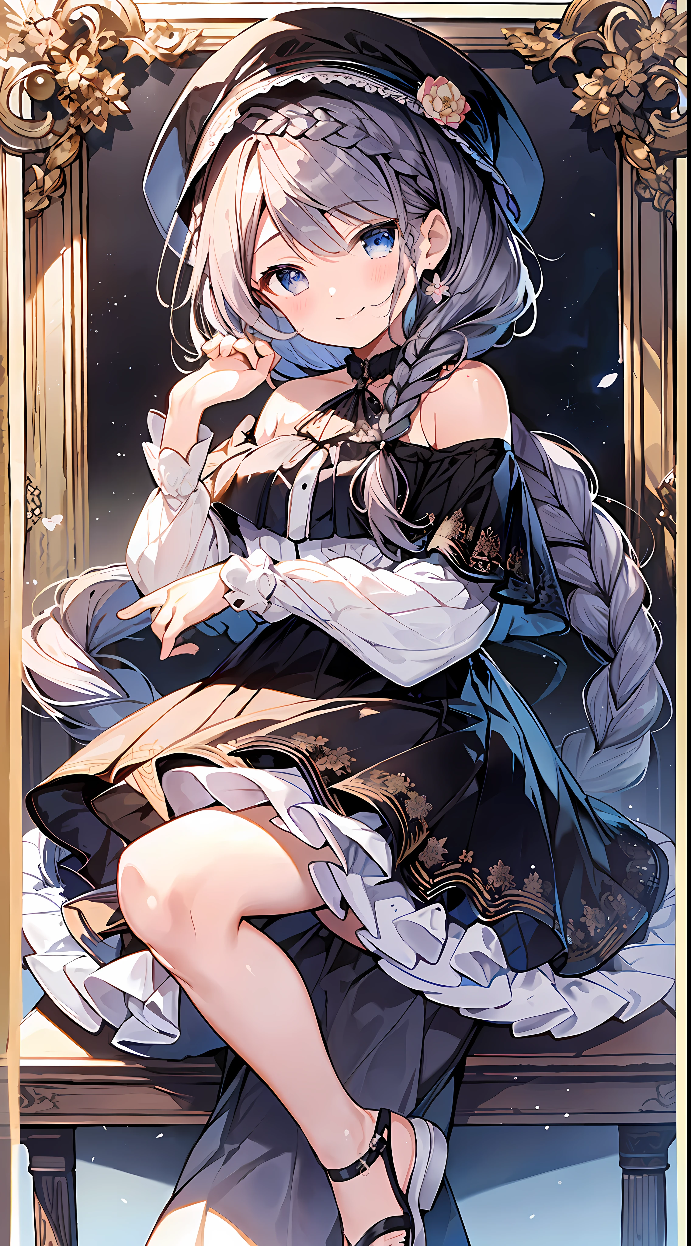 (Incredibly Absurdres Absolutely Resolution: 1.5), Top Quality, Masterpiece, Ultra High Definition, 8K, Early Summer, (White Lace Blouse, Pleated Skirt, Sandals, Hat), Shojo Manga Style, , Soft Line Art, Digital Enhancement, Shojo Manga Touch, Shoujo Manga Core, ((Hair length to shoulder))) , ((((short braid)))), soft drawing, fluffy, soft, beautiful black hair, clear eyes, (((gentle smile)), ultra-detailed digital anime art, clear face depiction, ultra-detailed shoujo manga character art, clear facial features, manga style, top quality color, delicate, staring at us head-on, hand gestures, full body visible angle, Foot-to-foot angle, town, entangle, beautiful and aesthetic: 1.3, high quality: 1.3