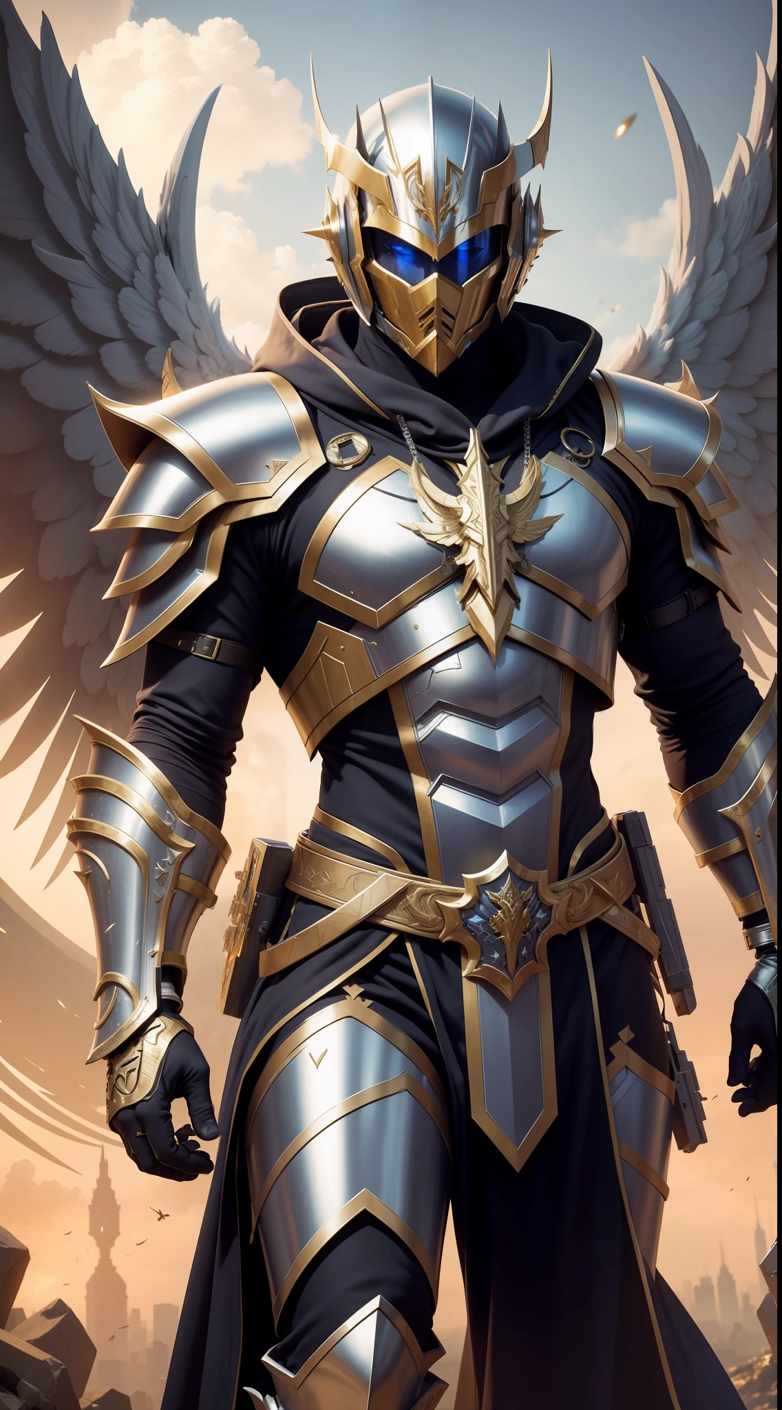 Best image quality, high resolution,8k, masterpiece, best male combat angel descending from the sky, masked,metal armor combined with royal vestments, scales in your hand,cyberpunk style