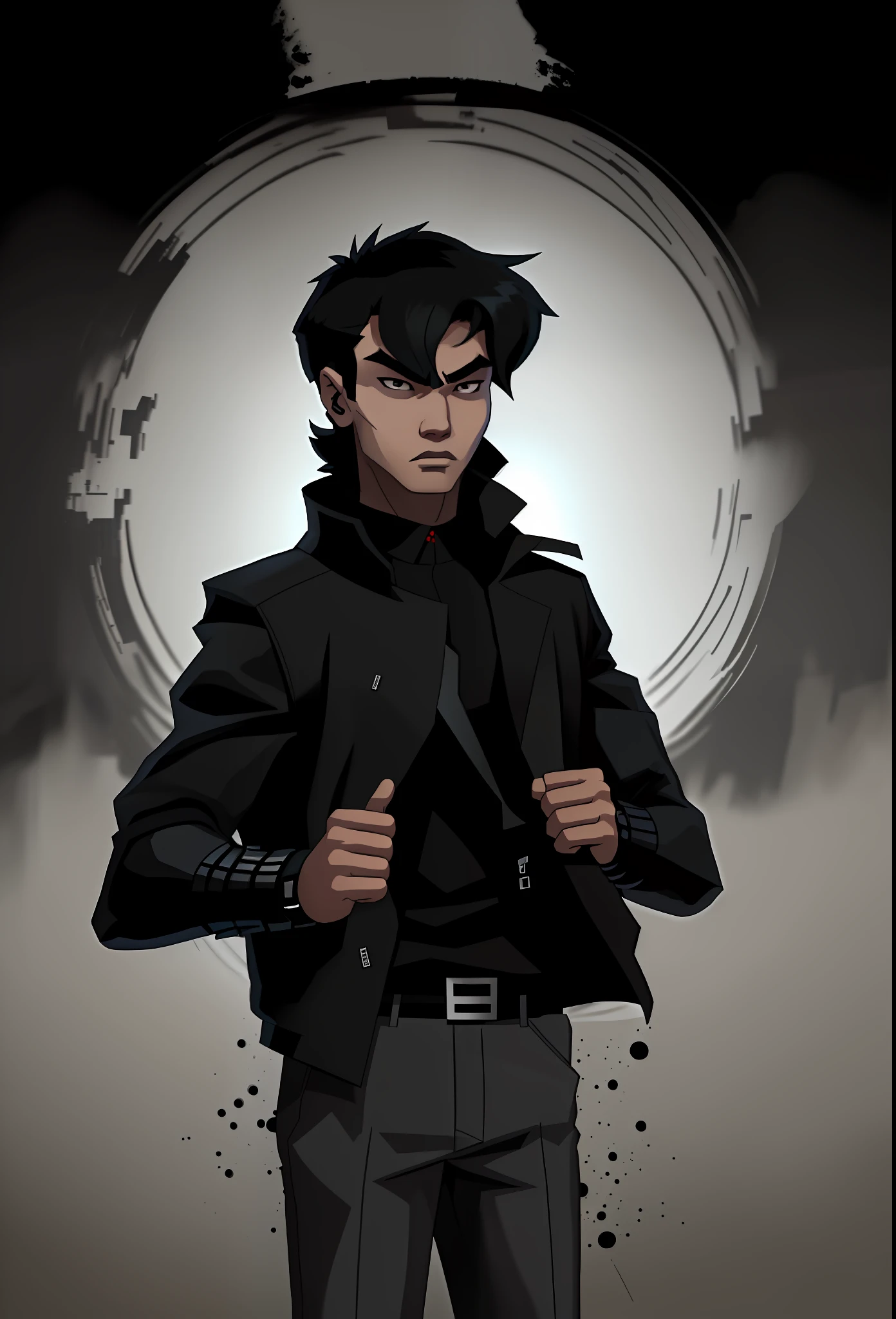 Asian boy wearing black jacket, black hair with mullet, cool, young teen, comics style character