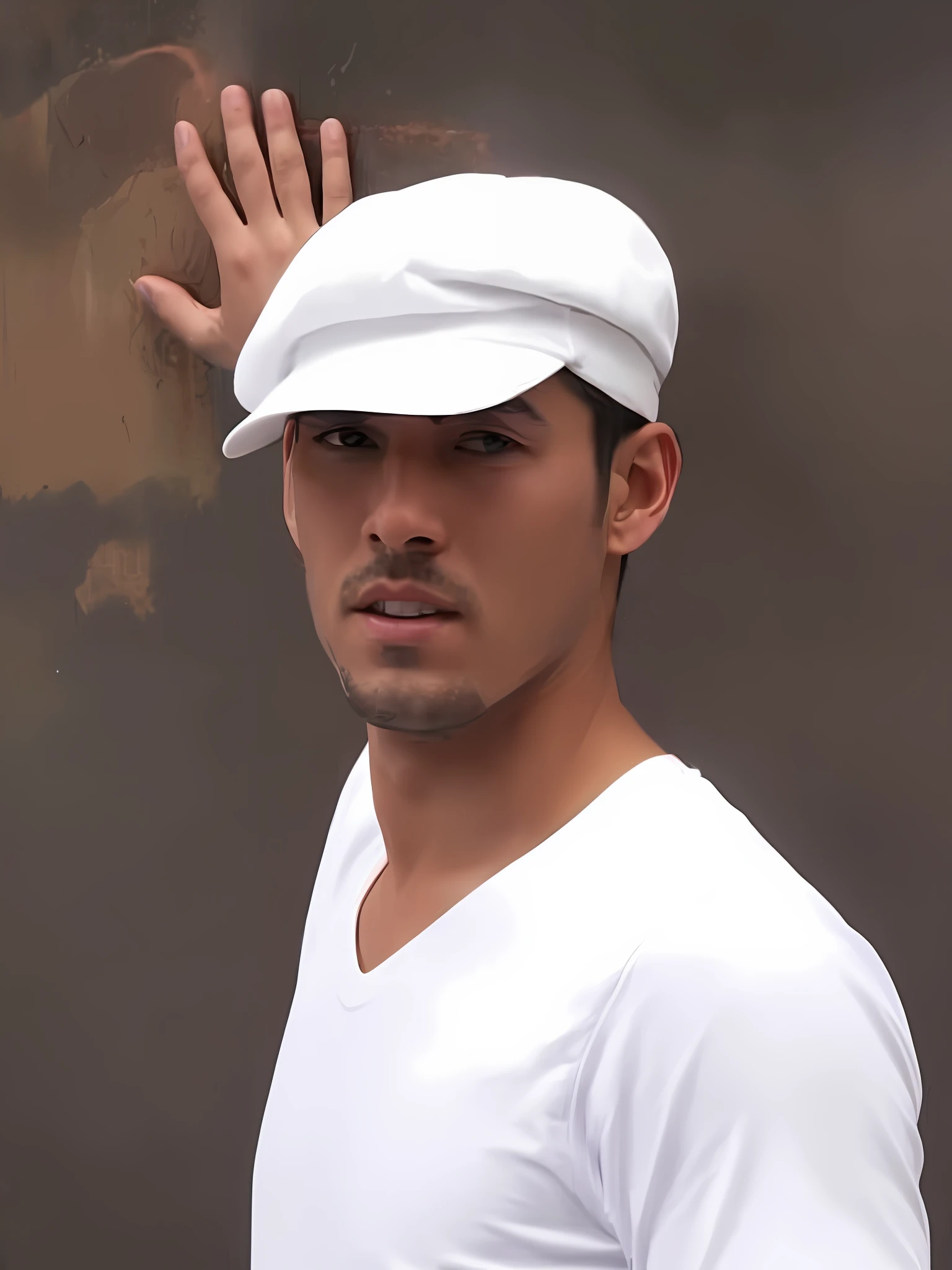 Man in white shirt and white hat in front of a wall, masterpiece, best quality, high quality, 8k wallpaper of extremely detailed CG unit, award-winning photography, Bokeh, Depth of Field, HDR, bloom, chromatic aberration, photorealistic, extremely detailed, trend in artstation, trend in CGsociety, intricate, high detail, dramatic, art in the middle of the journey, volumetric lighting