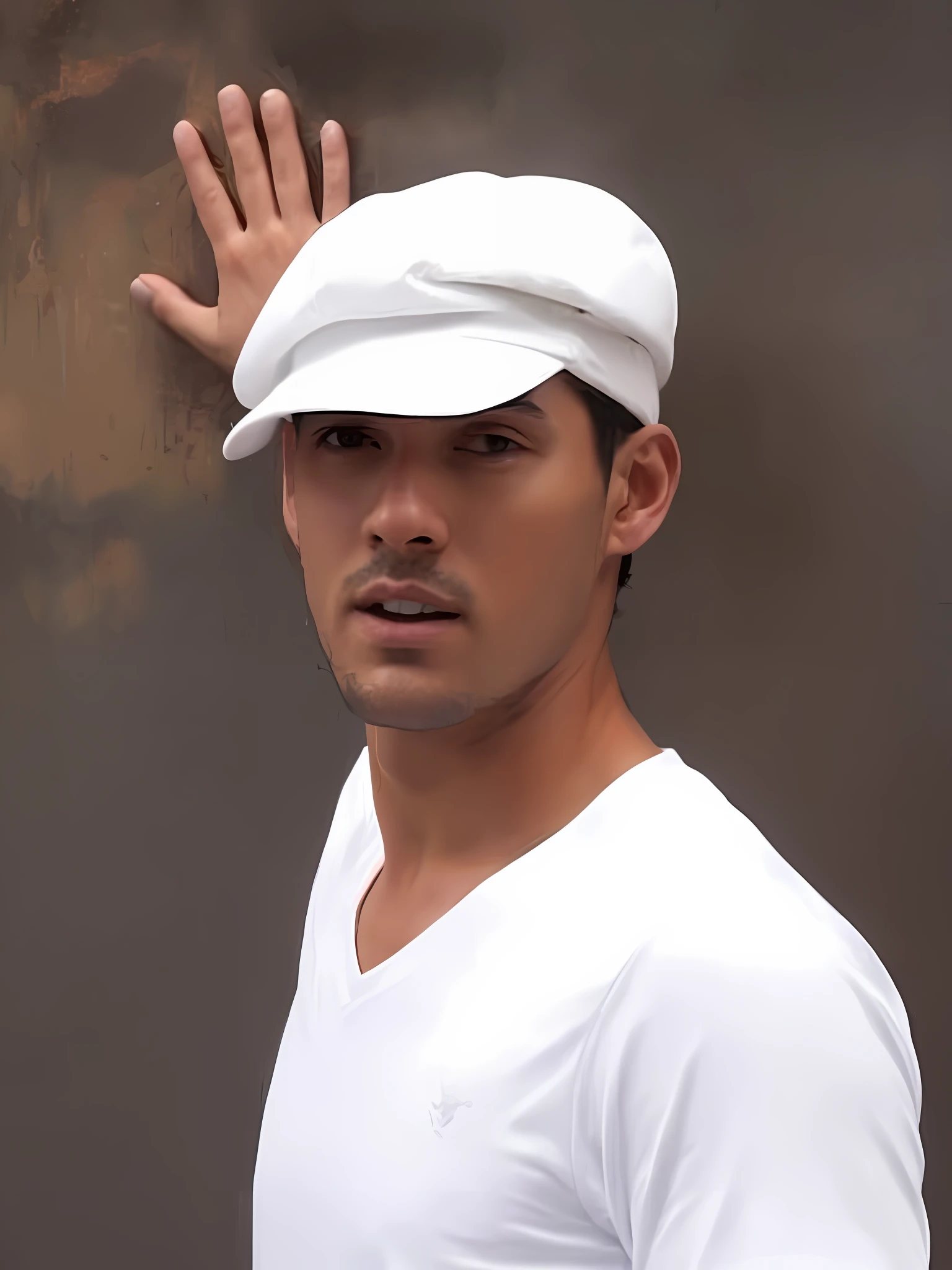 Man in white shirt and white hat in front of a wall, masterpiece, best quality, high quality, 8k wallpaper of extremely detailed CG unit, award-winning photography, Bokeh, Depth of Field, HDR, bloom, chromatic aberration, photorealistic, extremely detailed, trend in artstation, trend in CGsociety, intricate, high detail, dramatic, art in the middle of the journey, volumetric lighting