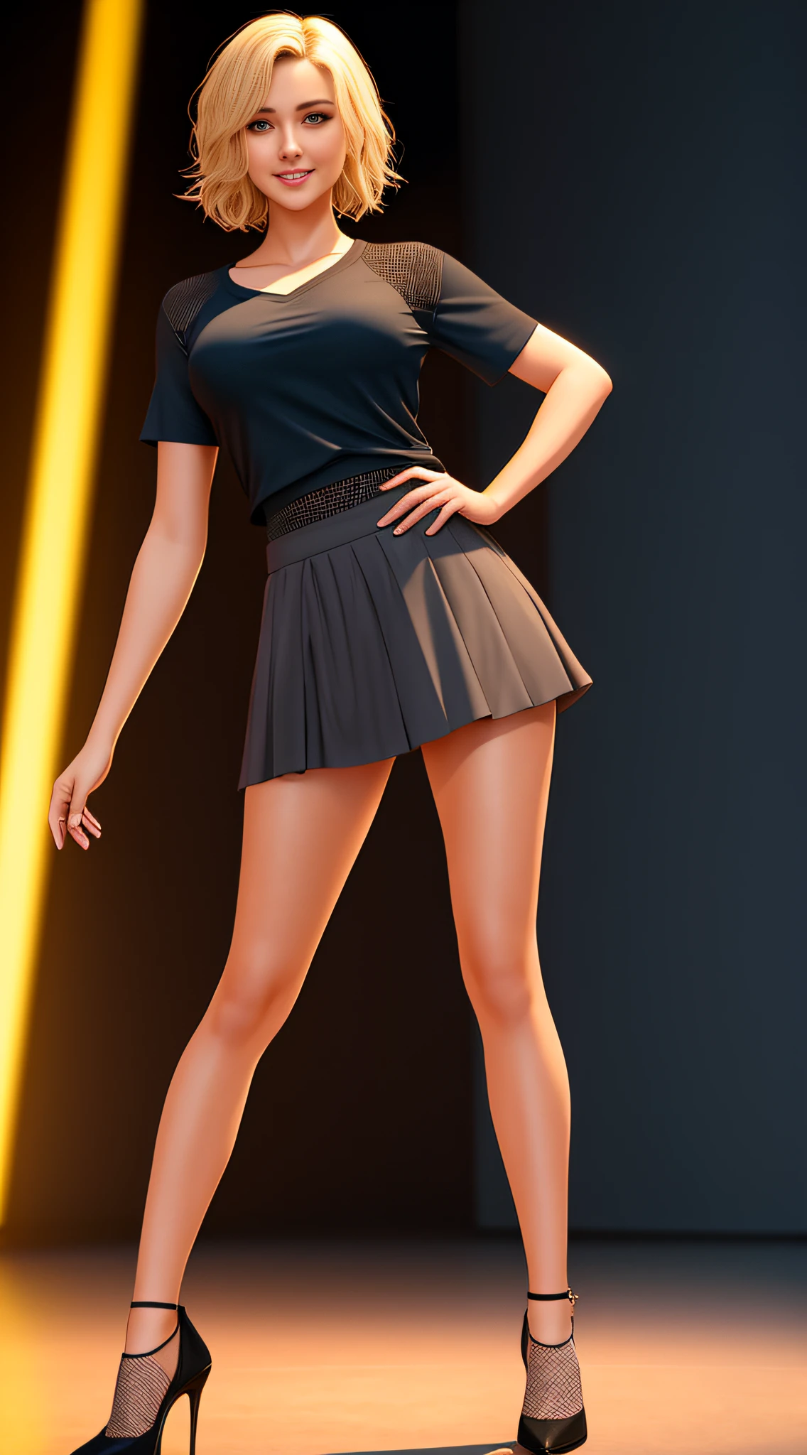 8k, masterpiece, absurd, HDR, highly detailed eyes and face, smile, beautiful nod_woman, short blonde hair, short skirt, tight mesh T-shirt, highlighted by t-shirt, perfect nod_body, perfect nod_face, (same character, front), (full body: 1.6), arms extended down, best quality, super high resolution, (reality: 1.4), 1 woman, looking at the audience, golden ratio, broad shoulders, thin waist, double eyelids, high heels, (Standing with legs apart: 1.3), facing the viewer, full body photo (FLS), single, vanishing point