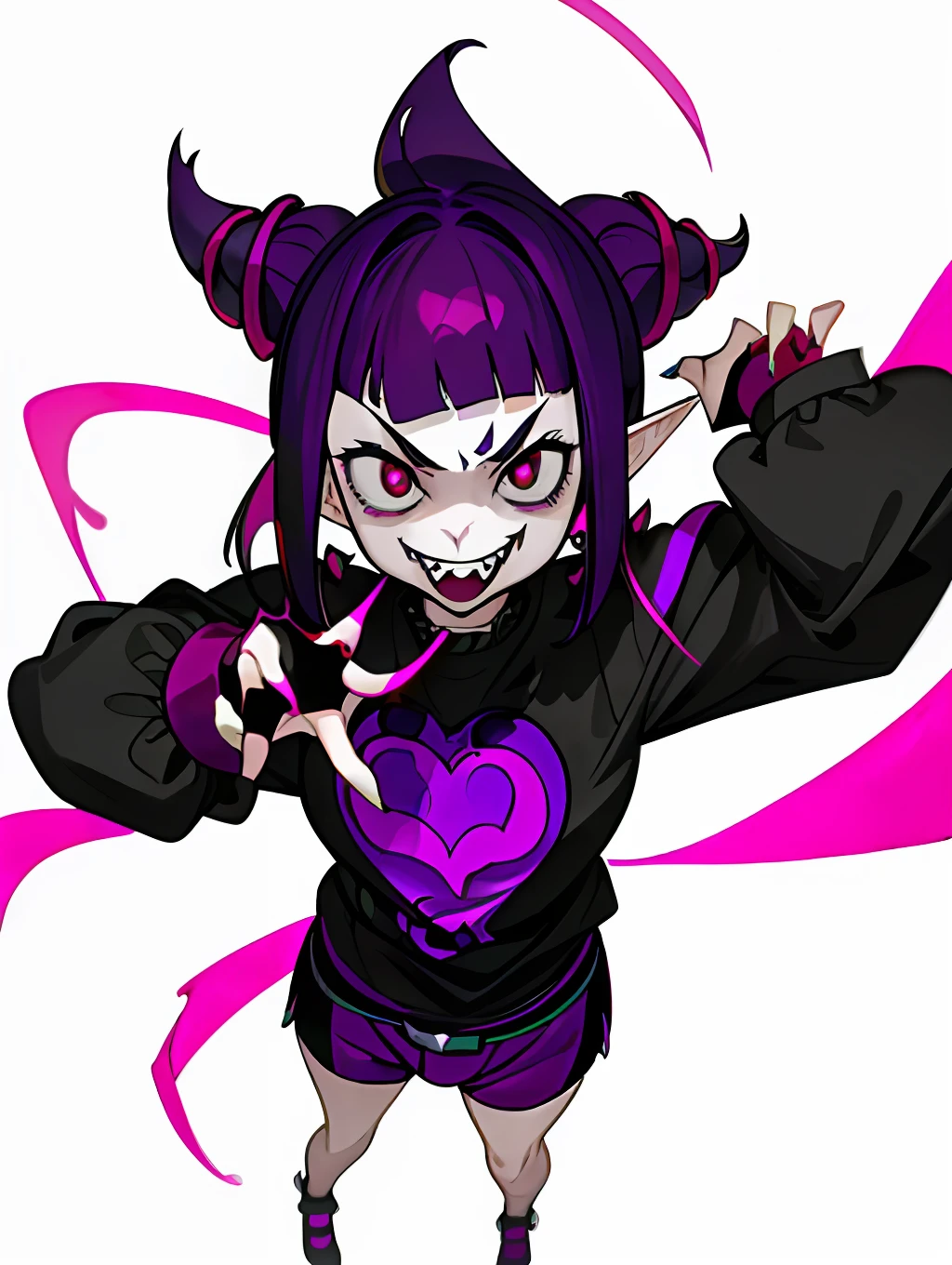 ((masterpiece,best quality)),1girl, , solo,elf ears, heart shaped earrings, heart shaped pupils, short hair, ((purple hair)), a pink streak on the bangs, ((a gap between the teeth)), Long black t shirt, long sleeves, shorts with chain, full body,((fangs))