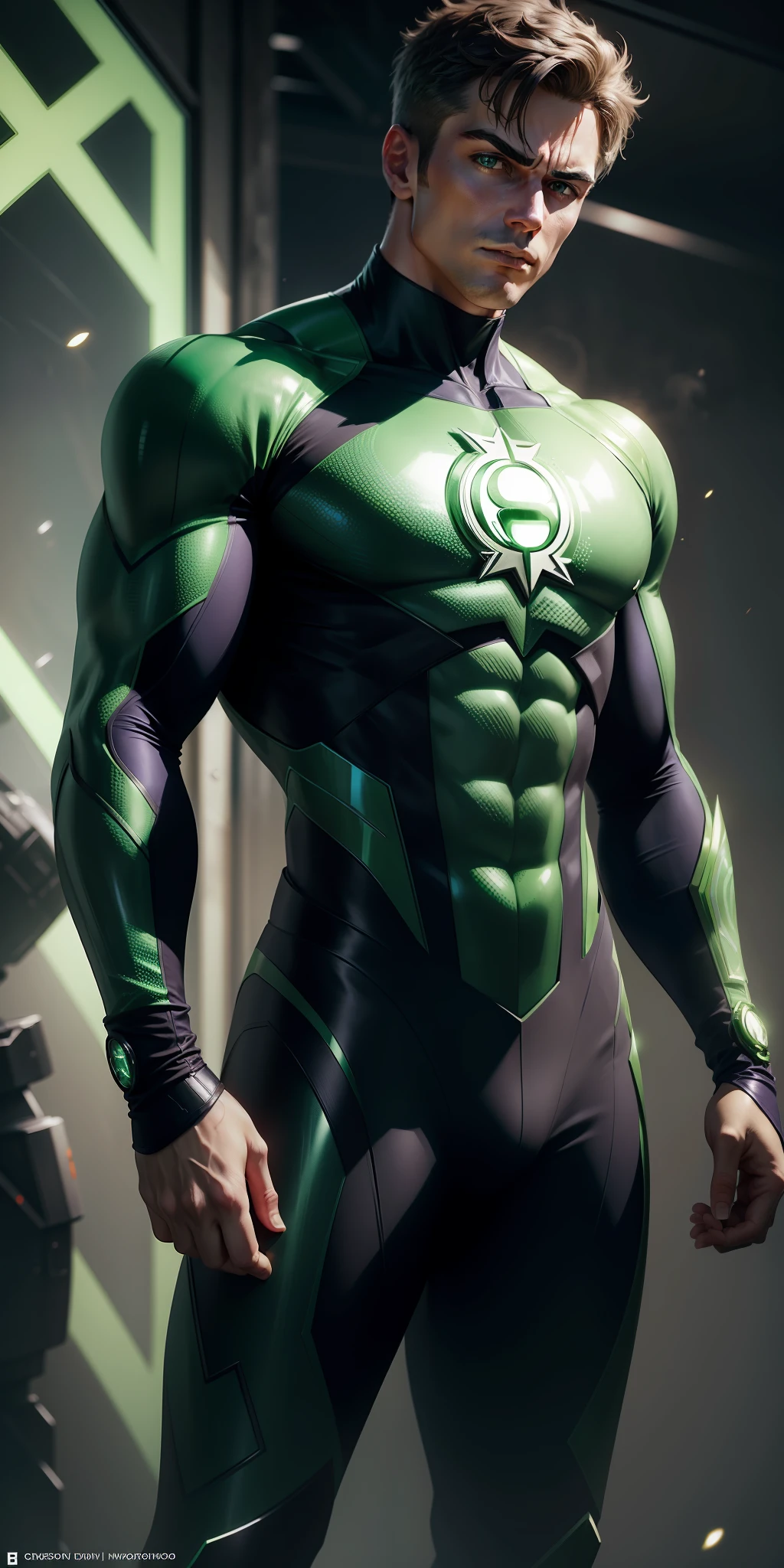 The best possible quality in 8k resolution with an ultra-detailed green lantern image in a futuristic white and purple suit fused with the Captain America suit, with a metallic spider web background. The focus is on the detailed textures and light and shadow effects on the suit. Add a touch of Cyberpunk style to the composition. Metaphor with metallic spider web in the background, will add a stunning effect to the final image