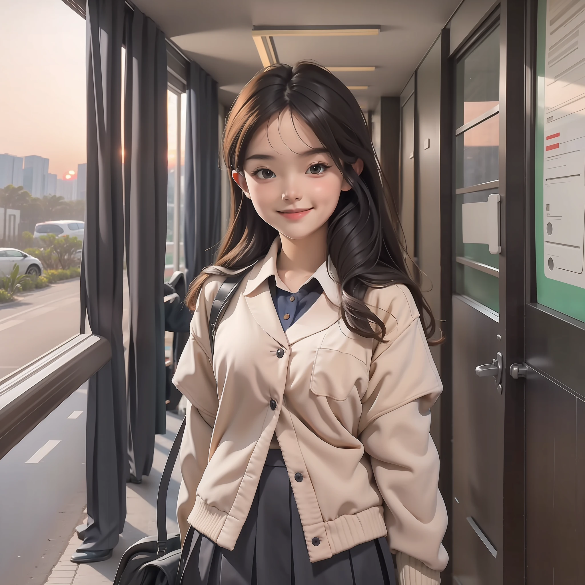 Young beauty in JK uniform, full body portrait, smiling, in the corridor outside the classroom, evening sunset,