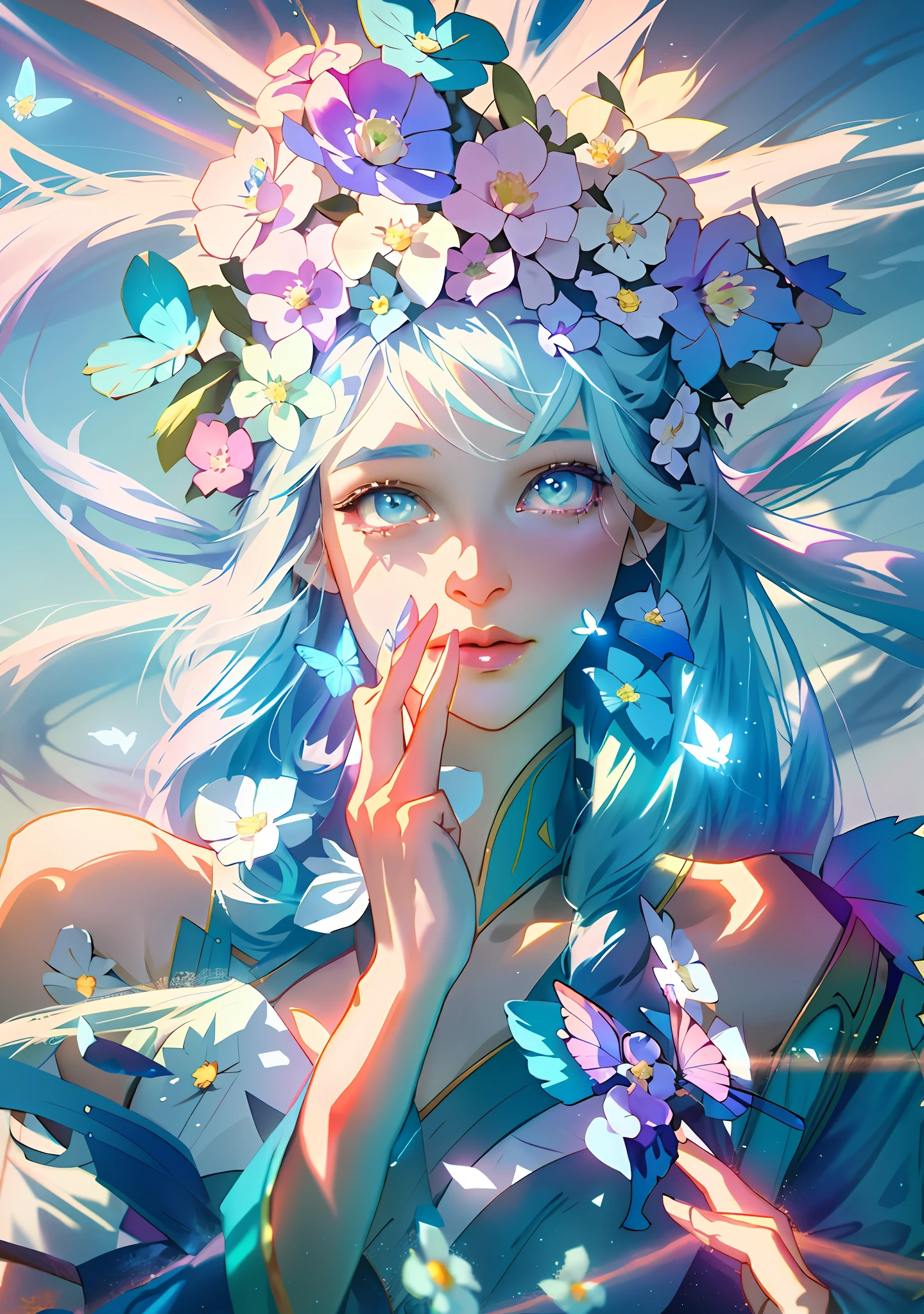 a close up of a woman, with butterflys on her hair, 1girl, a woman, faery girl, fairycore, aesthetic cute with flutter, fairy aesthetics, inspired by Yanjun Cheng, fantasy aesthetic!, belle delphine, beeple and jeremiah ketner, ethereal fairytale, loish and ross tran, aesthetic portrait, ethereal flowerpunk, fantasy aesthetic, iridescent # imaginativerealism, (((masterpiece))), uhd, cinematic lights, 4k,8k,16k