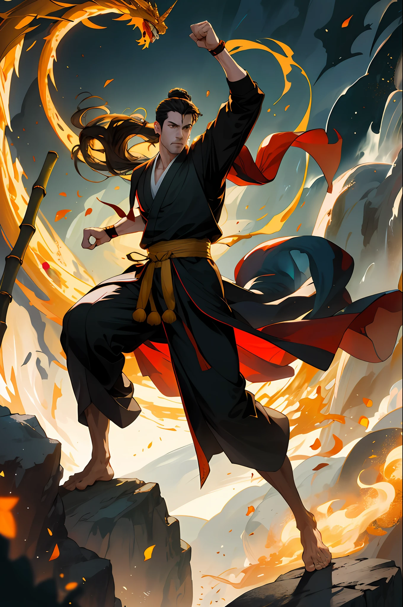 (absurd, intricate details, masterpiece, best quality, high resolution, 8k), 1 male, mature, older, handsome, tall muscular man, broad shoulders, ponytail hair, dark brown eyes, fine eyes and detailed face, a huge golden unicorn behind him, (style swirl magic: 0.7), (full body: 0.6), (Chinese fantasy theme: 1.1), hair fluttering in the wind, martial artist, dynamic pose, fighting stance, clenched fists, fingerless gloves, wristbands, Dragon themed costume, monk robes, bamboo forest in background, rotating floating particles, dynamic composition, mysterious oriental medieval atmosphere, depth of field, visual effects.