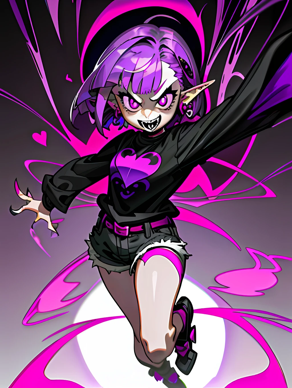 ((masterpiece,best quality)),1girl, li, solo,elf ears, heart shaped earrings, heart shaped pupils, short hair, ((purple hair)), a pink streak on the bangs, ((a gap between the teeth)), Long black t shirt, long sleeves, shorts with chain, full body,((fangs))