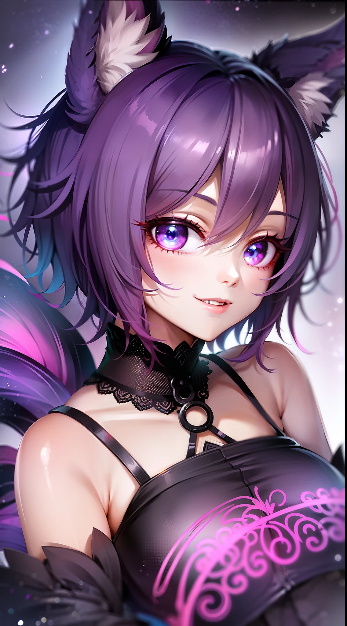 Fashionable girl, short purple hair, red strand, blue eyes, wolf ears and tail, black light beautiful dress, smile, masterpiece, high quality