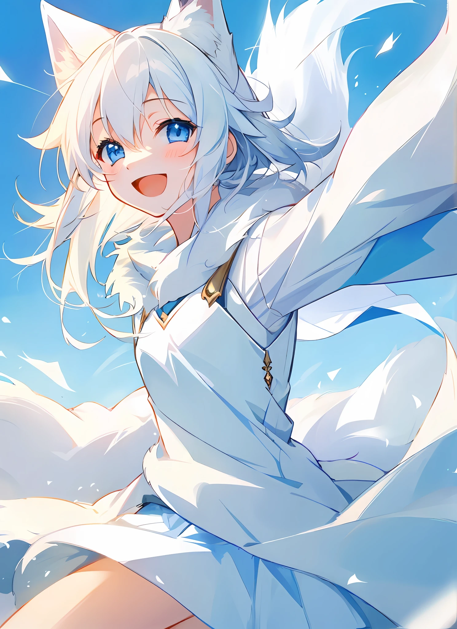 1 girl, furry woman, white fox, masterpiece, light blue eyes, light smile, open mouth, \: