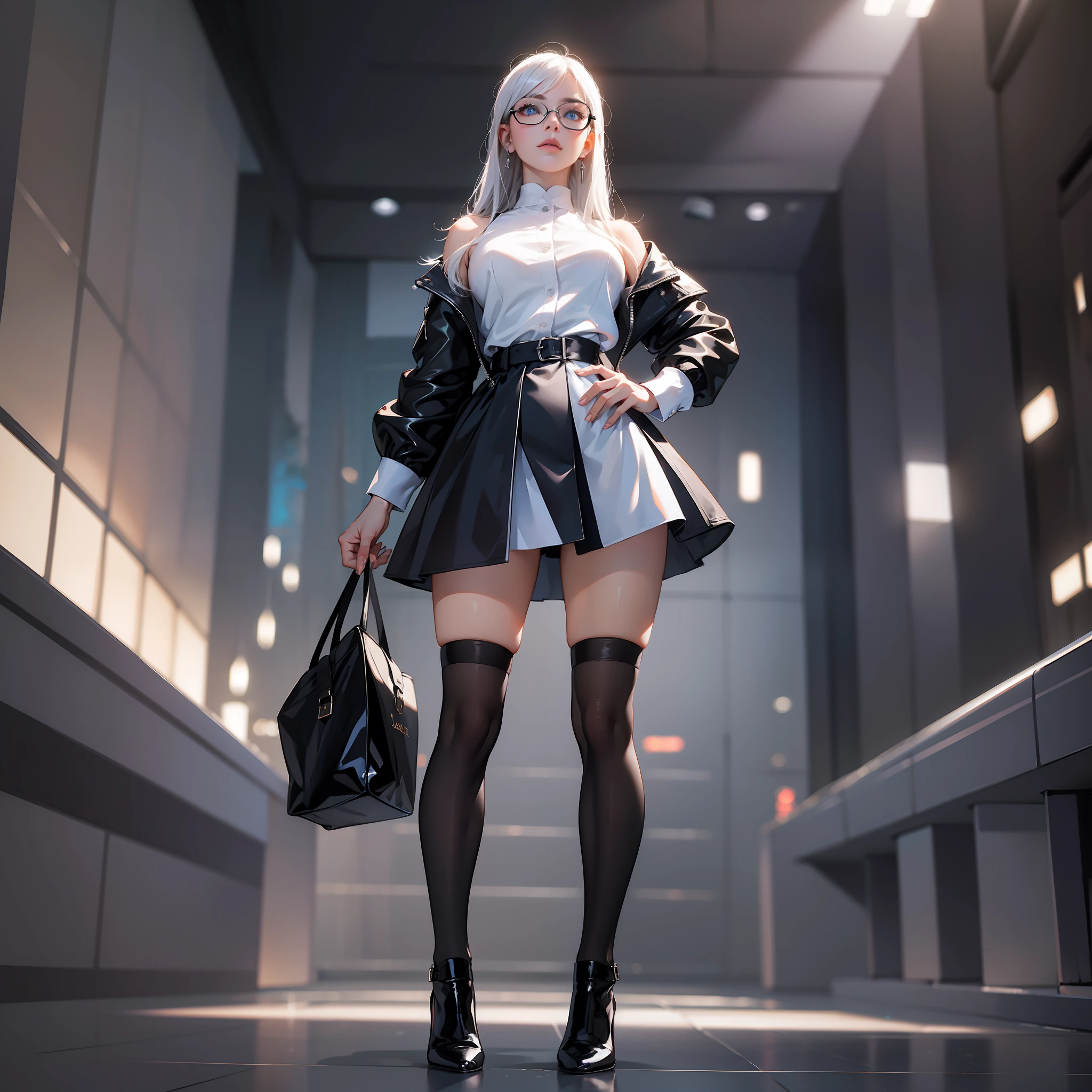 high resolution, best quality, master piece, very high image quality, ultra detailed, hyper realistic, 3d, from below, standing open legs, arms crossed, intelligent beauty, black glasses, white silver glossy hair, high layer cut, mullet hair style, sparkling glossy blue big eyes, glossy lips, white open-chested cardigan, blue sexy lingerie, black tight miniskirt, black knee-high socks, high heels, huge breasts, full body, slender