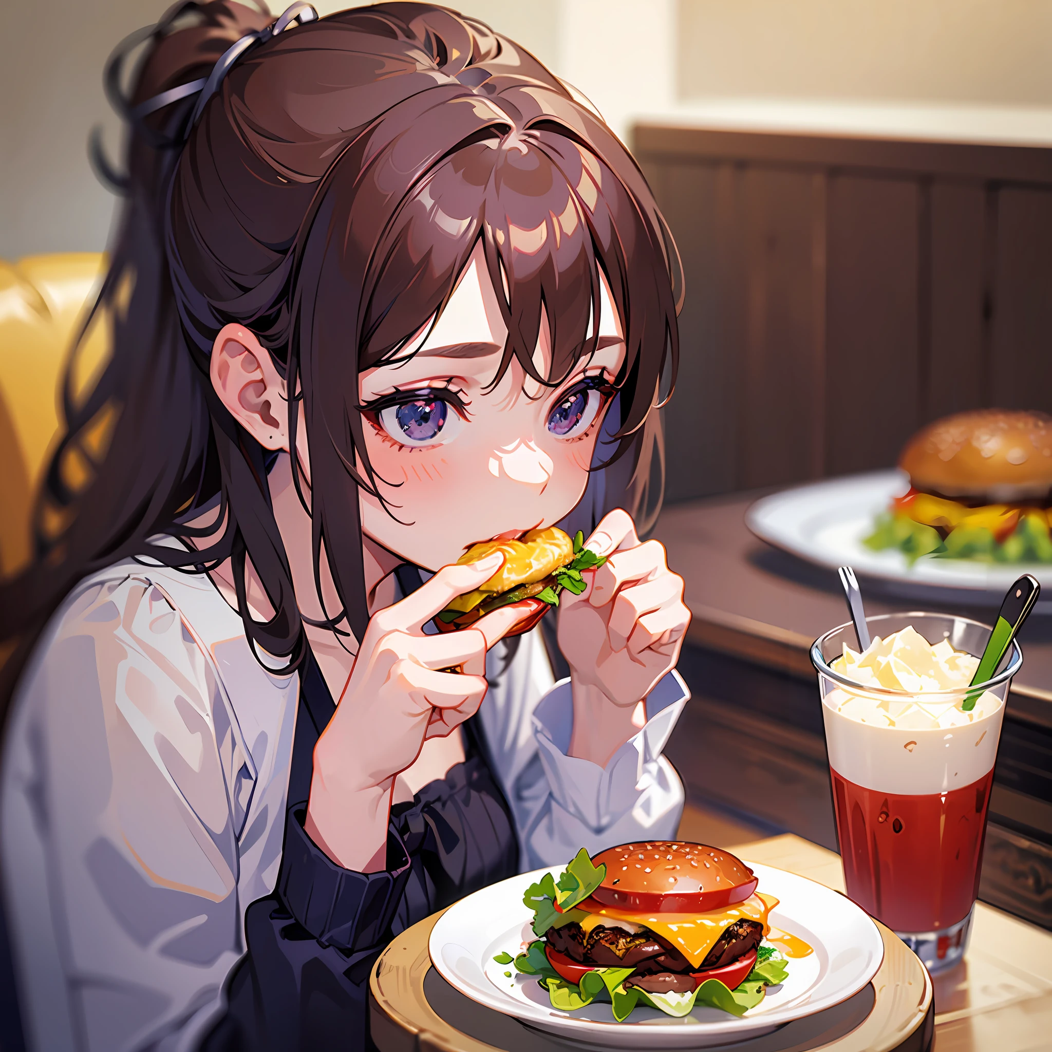 masterpiece, best quality, realistic, 1girl eating burger \(food, food focus,tomato, blurry, still life,burger, cup, lettuce, fruit, onion, bowl, depth of field, vegetable, blurry background, cheese\), --auto --s2