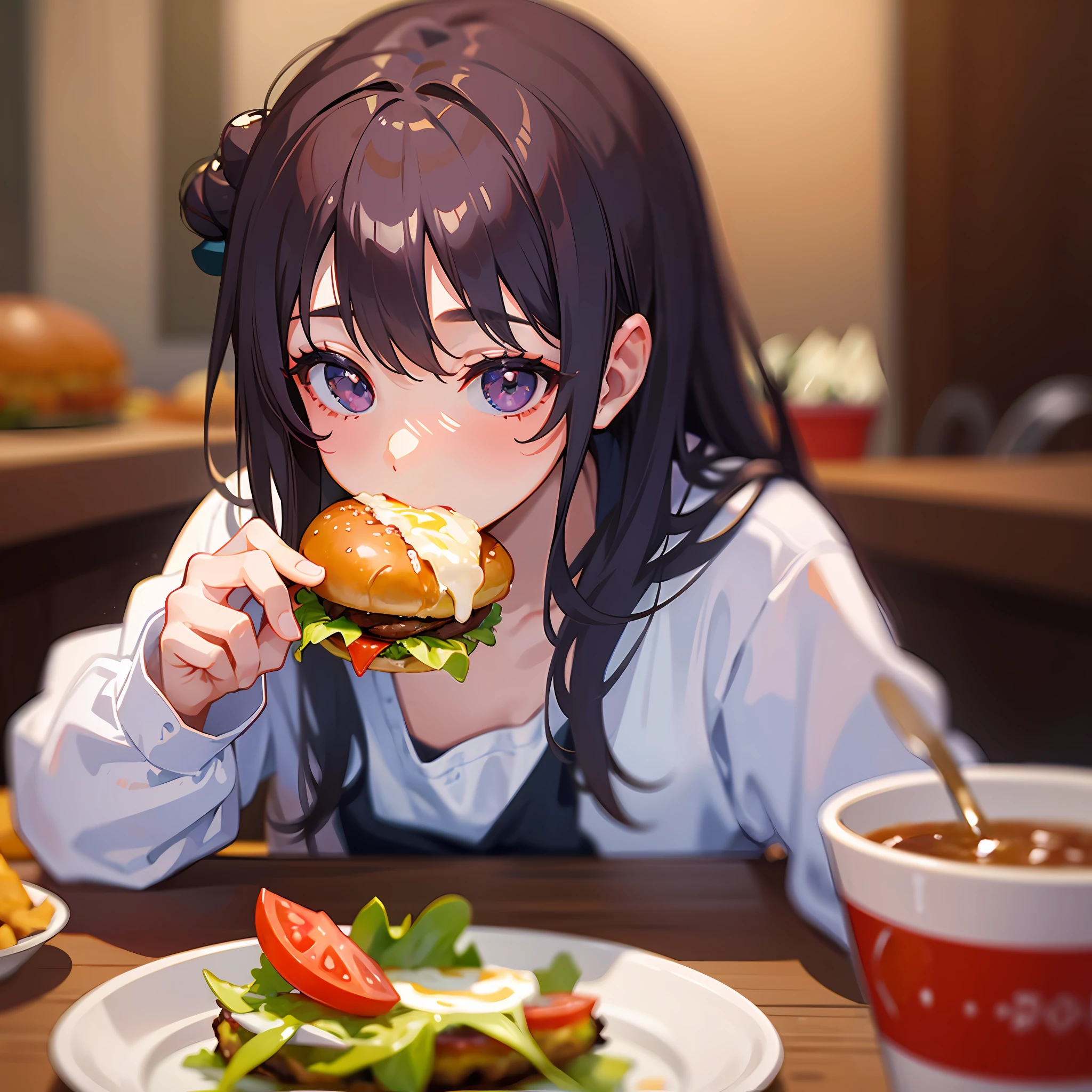 masterpiece, best quality, realistic, 1girl eating burger \(food, food focus,tomato, blurry, still life,burger, cup, lettuce, fruit, onion, bowl, depth of field, vegetable, blurry background, cheese\), --auto --s2