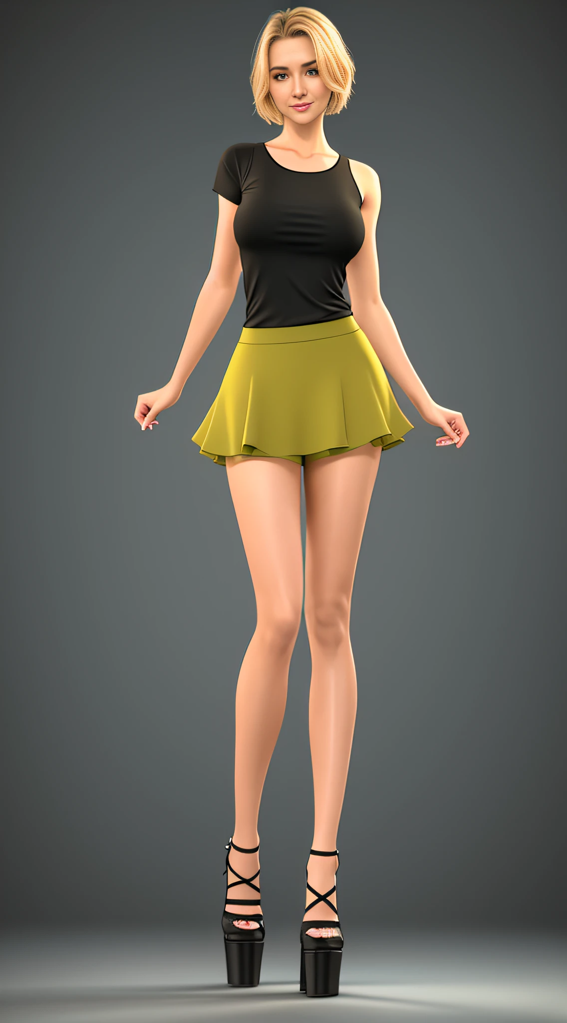 8k, masterpiece, absurd, HDR, highly detailed eyes and face, smile, beautiful nod_woman, short blonde hair, short skirt, tight mesh T-shirt, highlighted by t-shirt, perfect nod_body, perfect nod_face, (same character, front), (full body: 1.6), arms extended down, best quality, super high resolution, (reality: 1.4), 1 woman, looking at the audience, golden ratio, broad shoulders, thin waist, double eyelids, high heels, (Standing with legs apart: 1.3), facing the viewer, full body photo (FLS), single, vanishing point