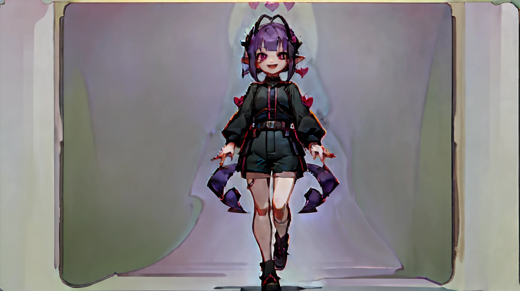 ((masterpiece,best quality)),1girl, , solo,elf ears, heart shaped earrings, heart shaped pupils, short hair, ((purple hair)), a pink streak on the bangs, ((a gap between the teeth)), Long black t shirt, long sleeves, shorts with chain, full body,((fangs))