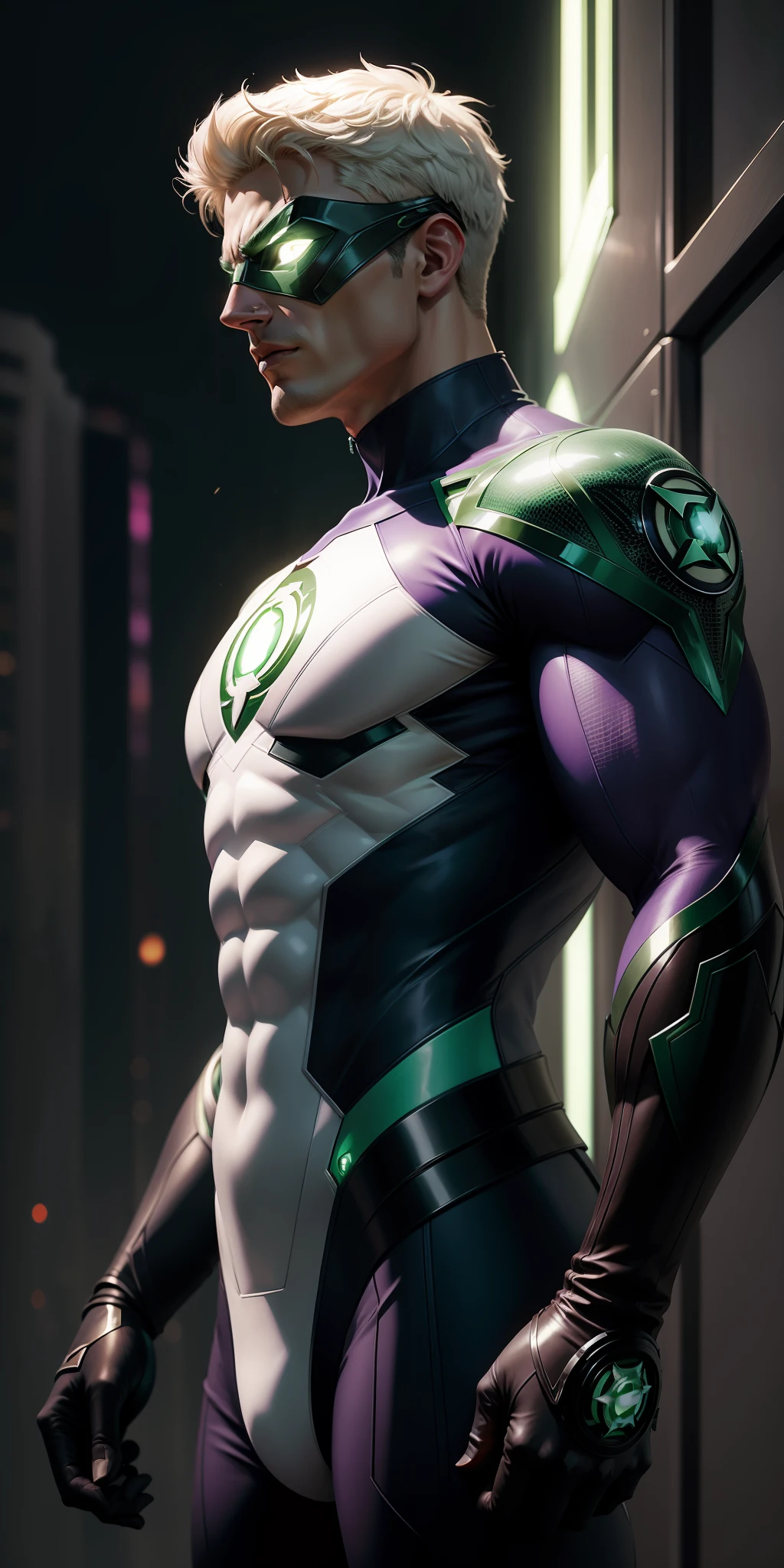 The best possible quality in 8k resolution with an ultra detailed green lantern image in a futuristic white and purple suit fused with the Captain America suit, mask, mask, with a metallic spider web background. The focus is on the detailed textures and light and shadow effects on the suit. Add a touch of Cyberpunk style to the composition. Metaphor with metallic spider web in the background, will add a stunning effect to the final image